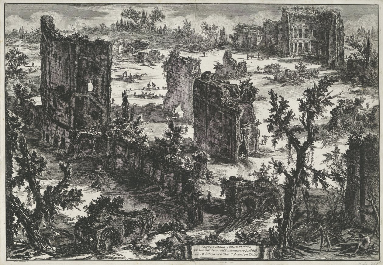 Thermen van Trajanus te Roma Utsikt over meisebadene (...) (tittel på objekt) Gezichten op Roma (serietittel) Utsikt over Roma designet og gravert av Giambattista Piranesi-arkitekten Ve (nez) iano (serietittel) av Giovanni Battista Piranesi