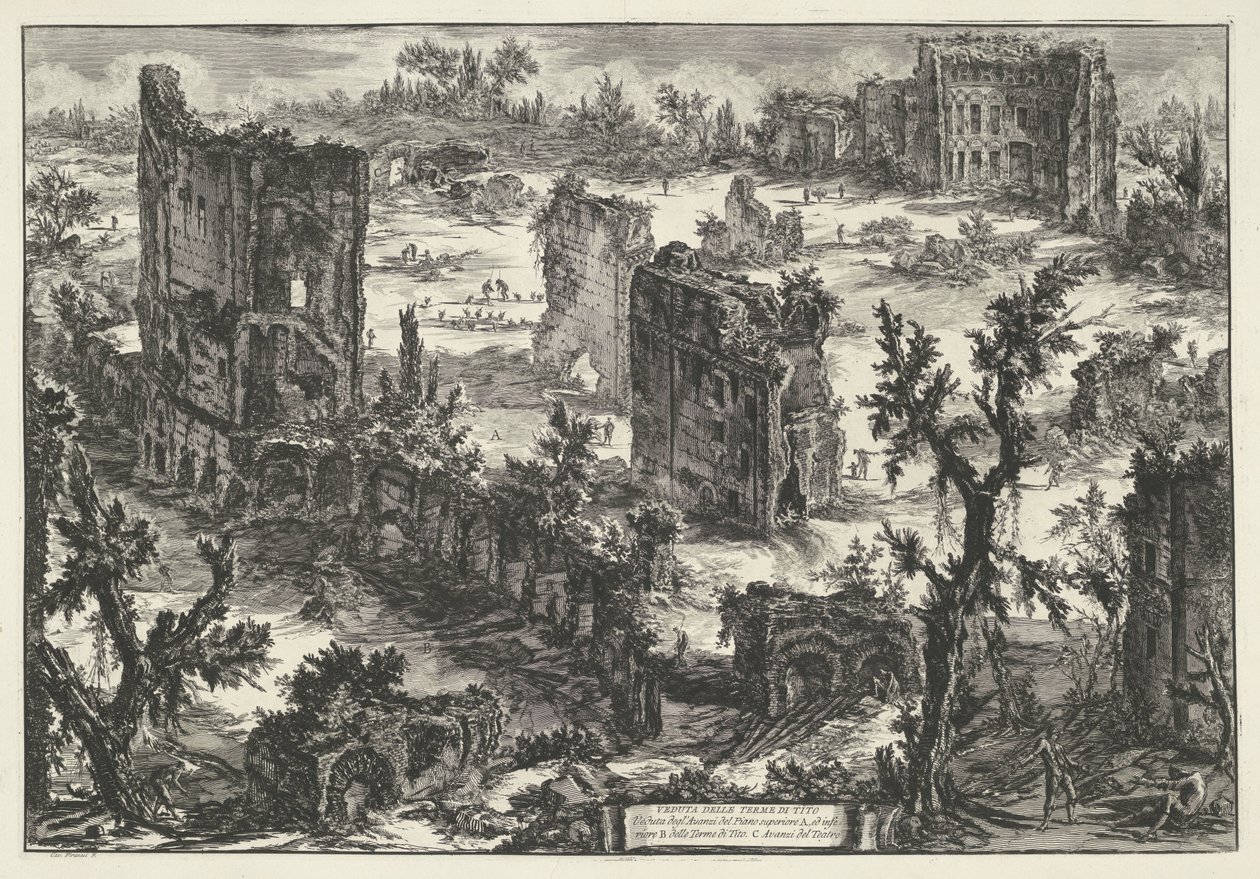 Thermen van Trajanus te Roma Utsikt over Terme di Tito (...) (tittel på objekt) Gezichten op Roma (serietittel) Utsikt over Roma designet og gravert av Giambattista Piranesi-arkitekten Ve (nez) iano (serietittel) av Giovanni Battista Piranesi