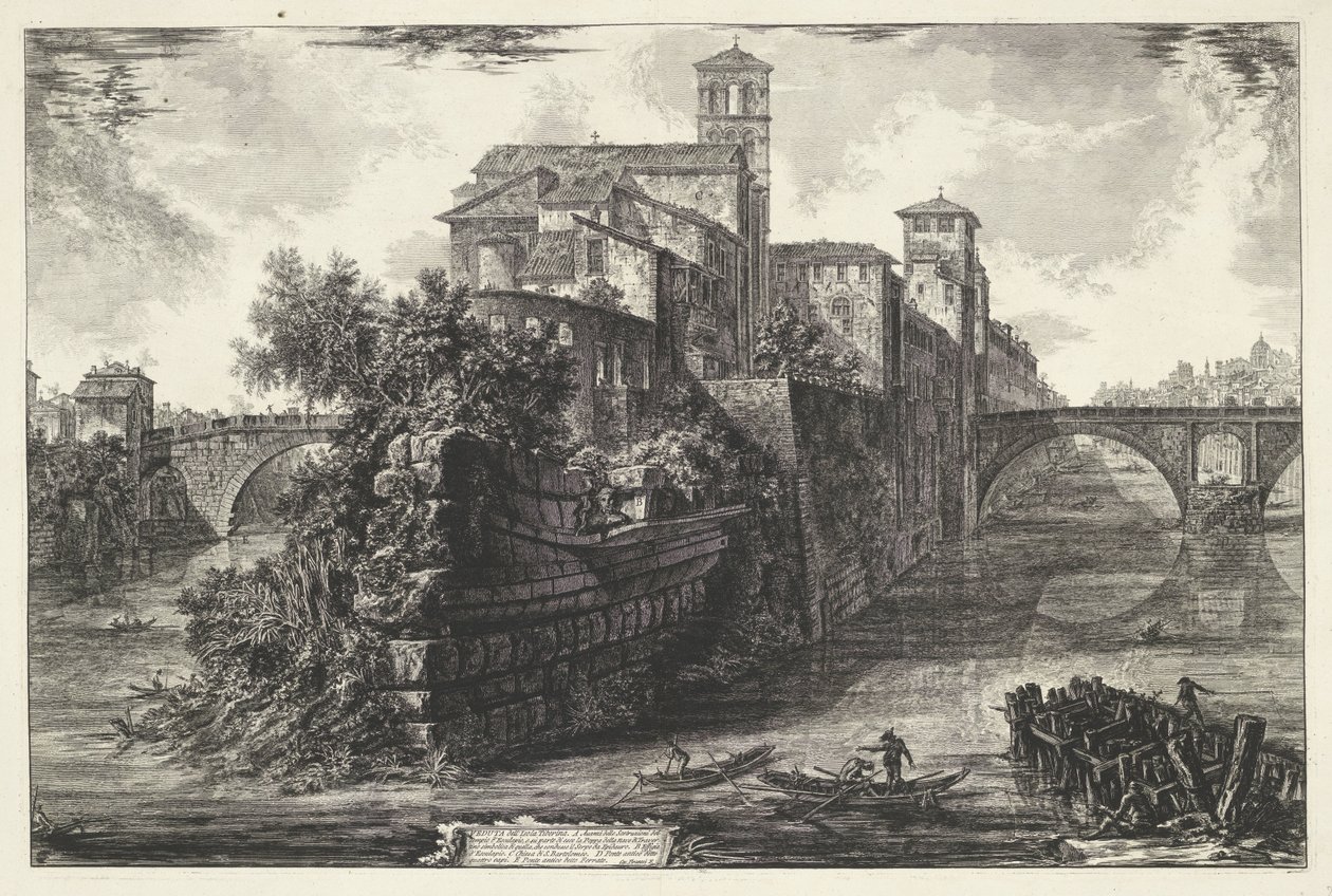 Tibereiland te Roma Utsikt over Tiberøya (tittel på objekt) Gezichten op Roma (serietittel) Utsikt over Roma designet og gravert av Giambattista Piranesi-arkitekten Ve (nez) iano (serietittel) av Giovanni Battista Piranesi