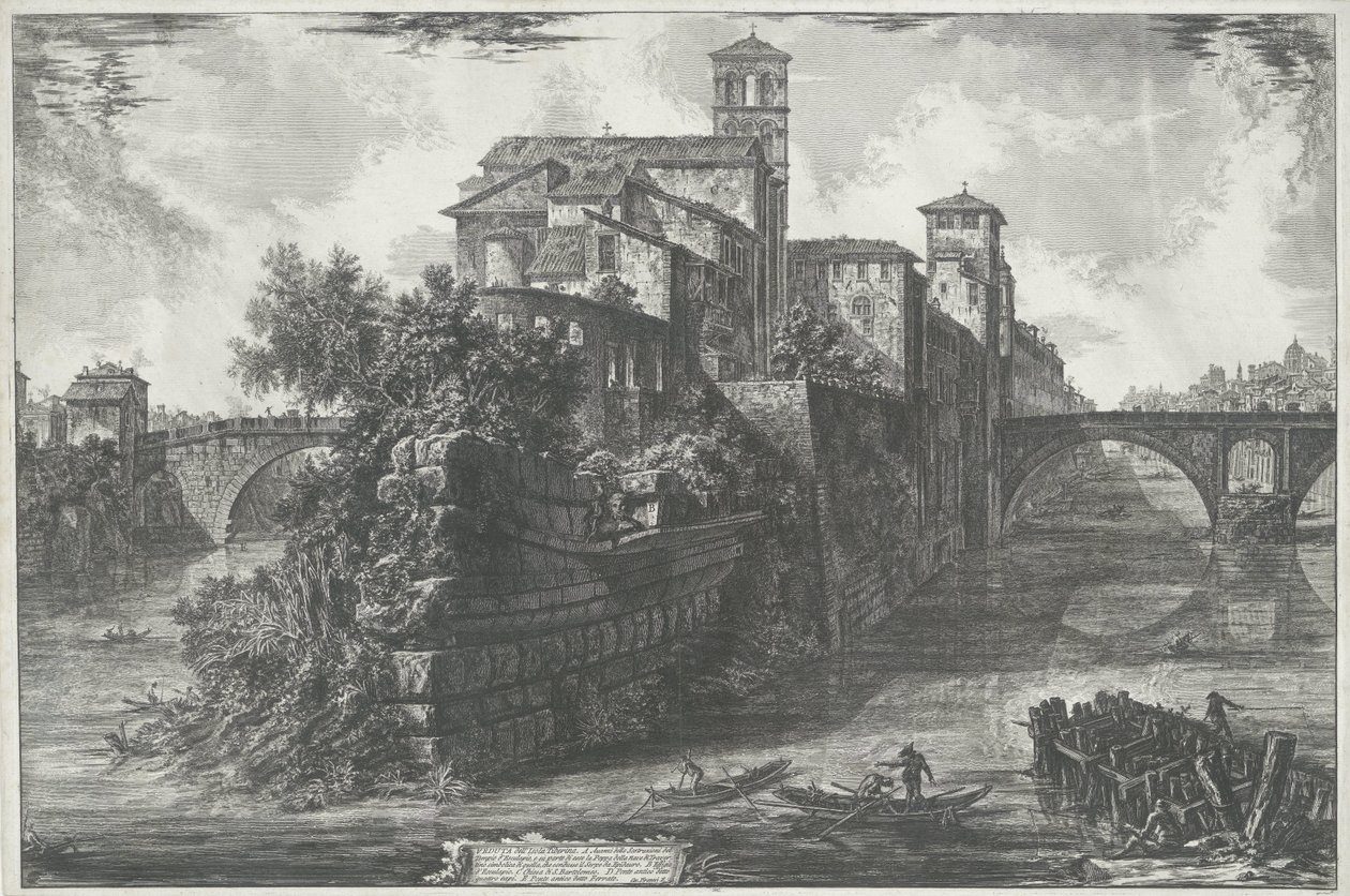 Tibereiland te Roma Utsikt over Tiberøya (tittel på objekt) Gezichten op Roma (serietittel) Utsikt over Roma tegnet og gravert av Giambattista Piranesi-arkitekten Ve(nez)iano (serietittel) av Giovanni Battista Piranesi