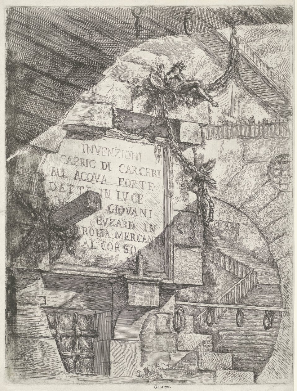 Titteltrykk med ansikt i fangehull og tittel på vegg Dungeons (serietittel) Invenzioni Capric di Carceri all Acqua Forte (serietittel på objekt) av Giovanni Battista Piranesi
