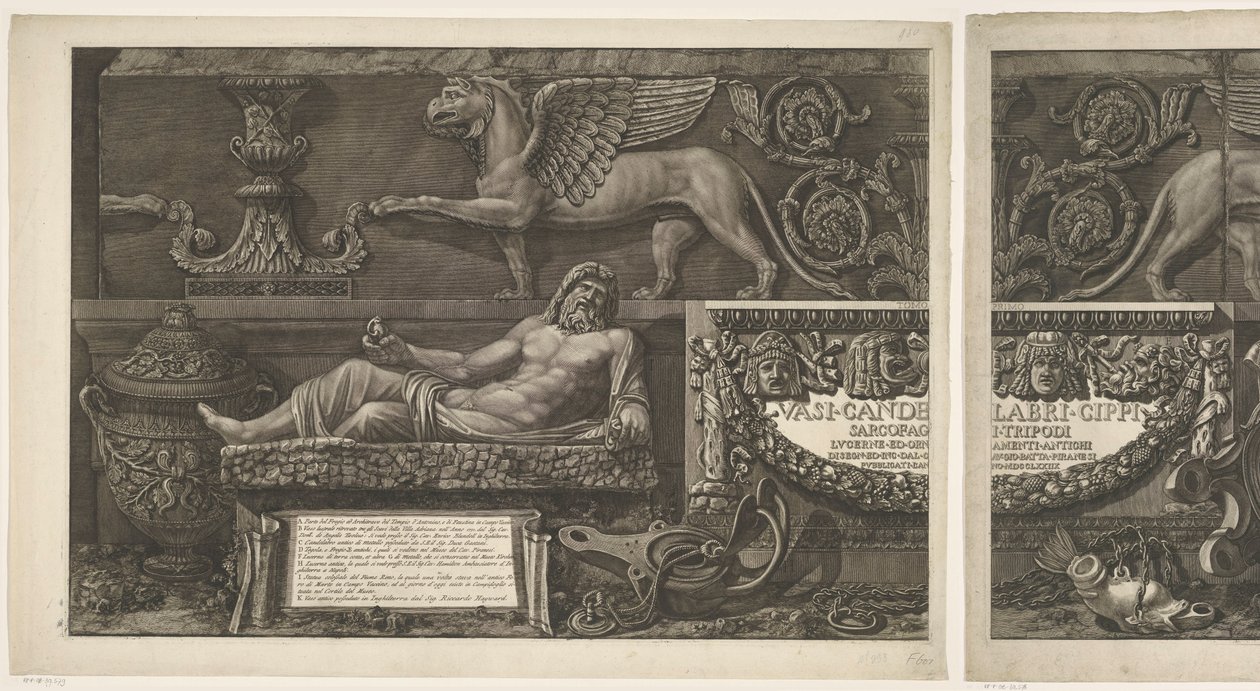 Titteltrykk med skulpturer, utskårne relieffer og en sarkofag med tittel Vaser, lysestaker, gravsteiner, sarkofager, stativer, lamper og ornamenter designet og gravert av Giovanni Battista Piranesi (serietittel) Vasi, candelabri, cippi, sarcofagi av Giovanni Battista Piranesi