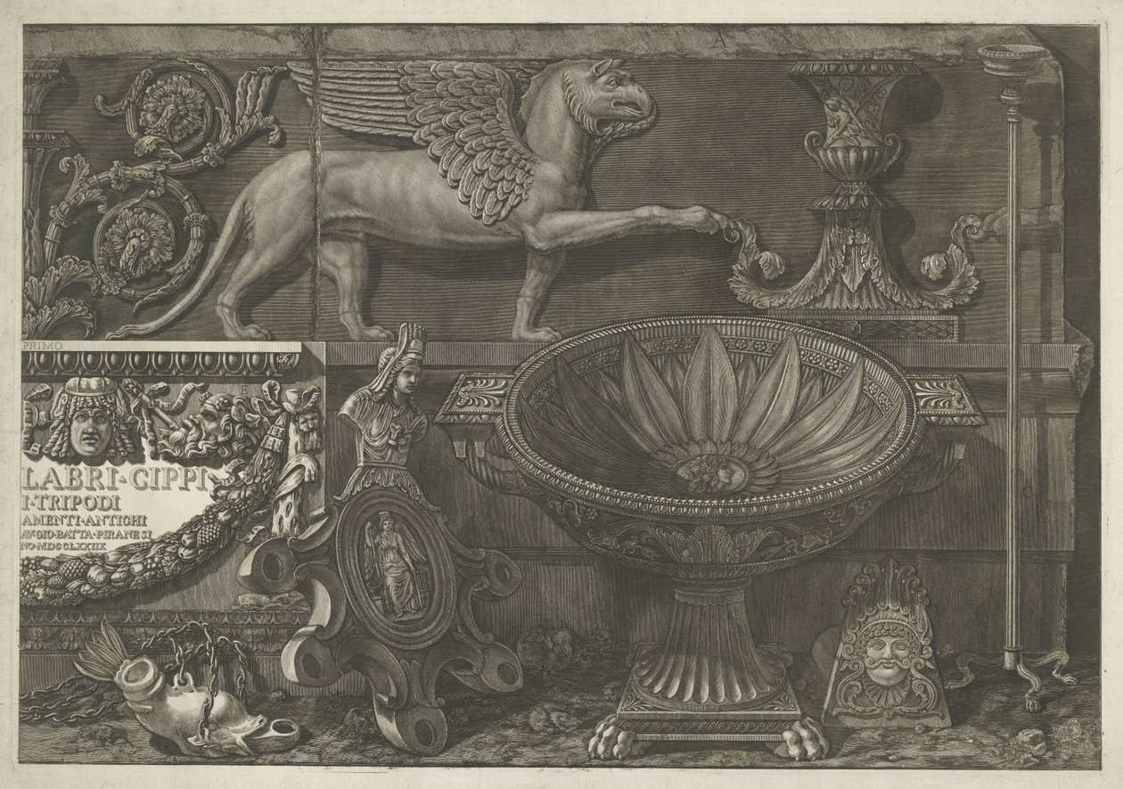 Titteltrykk med skulpturer, utskårne relieffer og en tittel sarkofag (høyre del) Vaser, lysestaker, gravsteiner, sarkofager, stativer, lamper og ornamenter designet og gravert av Giovanni Battista Piranesi (serietittel) Vasi, candelabri, ca av Giovanni Battista Piranesi