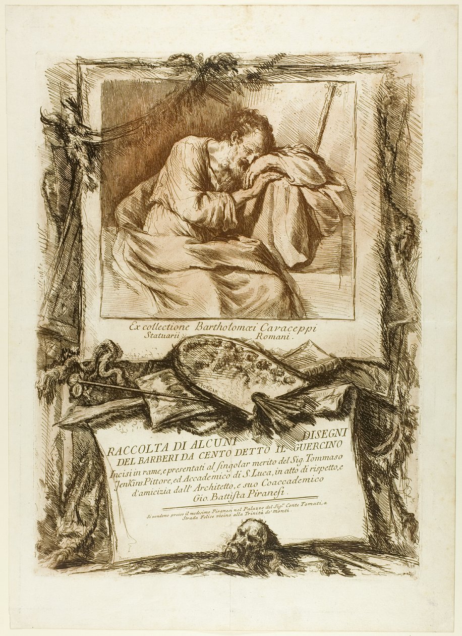 Tittelside: Samling av flere tegninger gravert etter Barbieri da Cento (kjent som Guercino) gravert på kobber og presentert for Thomas Jenkins, maler og medlem av Academy of St. Luke, av respekt og vennskap fra hans medmedlem, the arc av Giovanni-Battista Piranesi