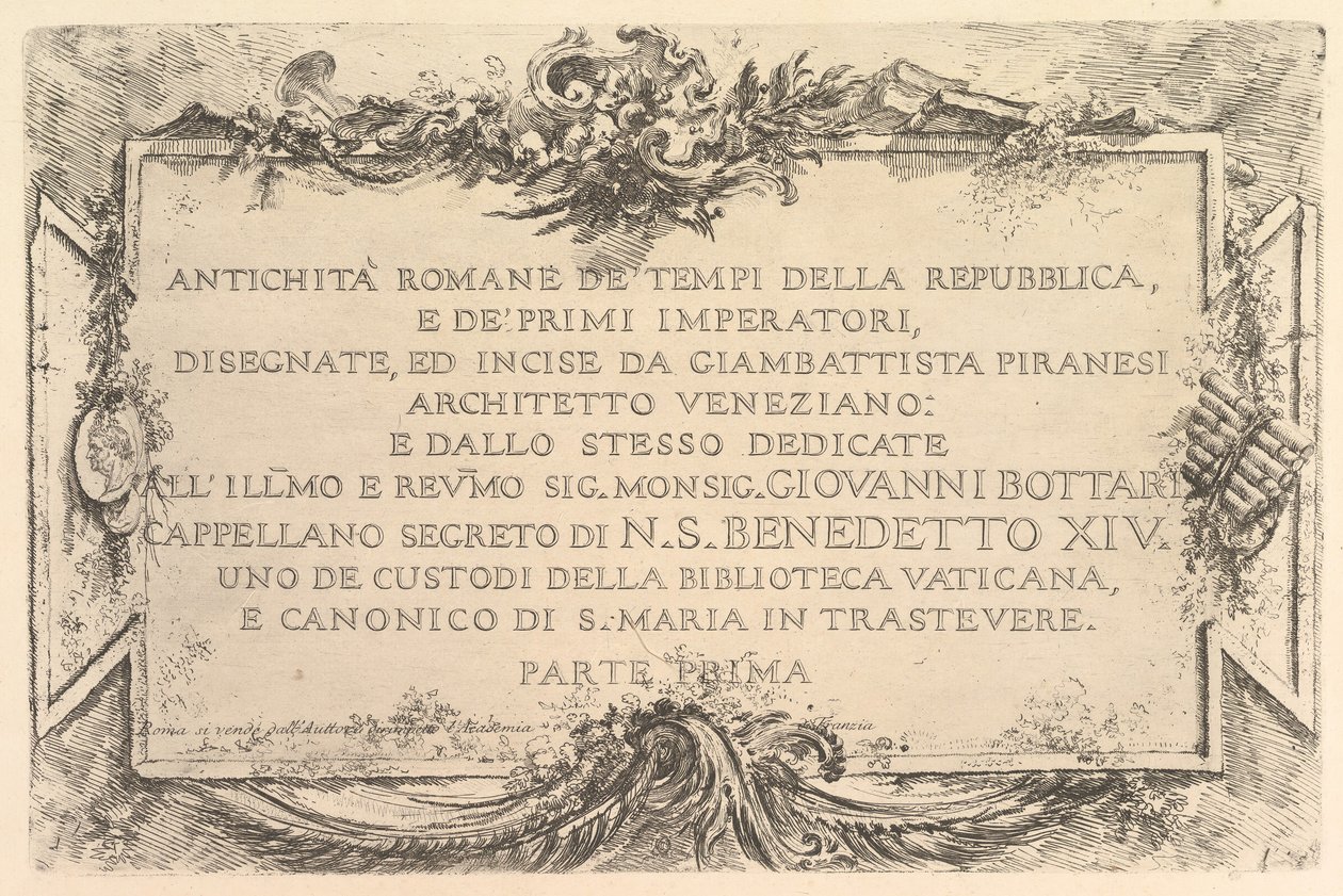 Tittelside: Romersk antikk fra republikkens tid og de første keisere Antich..., ca. 1748. av Giovanni Battista Piranesi