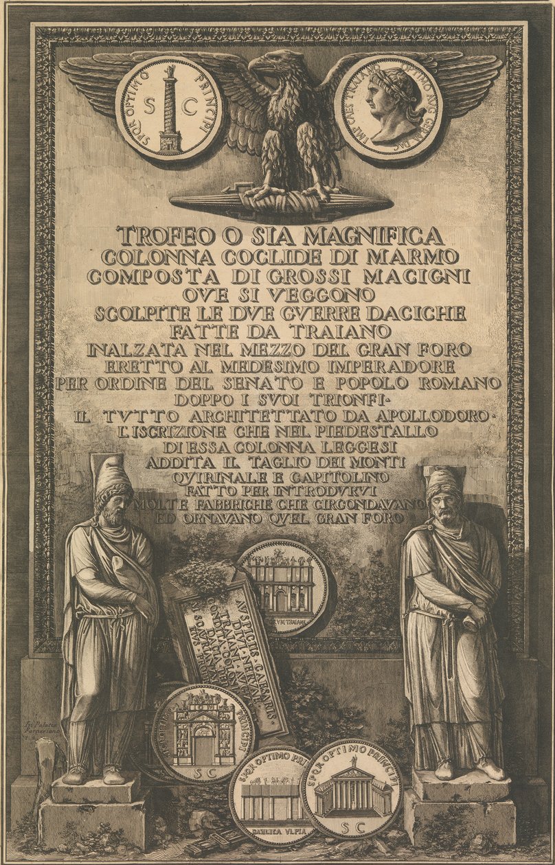 Tittelside med ørn, mynt som viser bilde av Trajans søyle, klassiske skulpturer, 1774-79. av Giovanni Battista Piranesi
