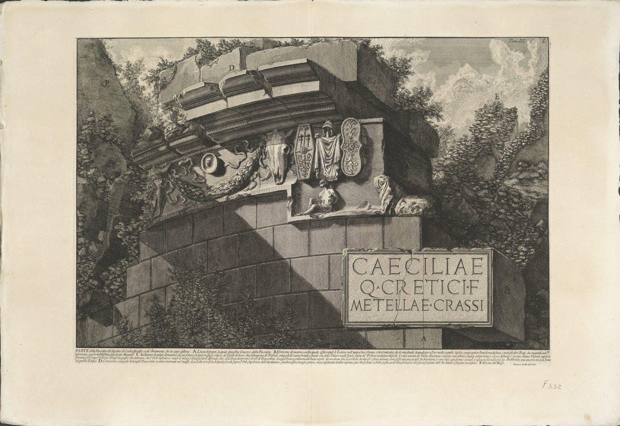 Tombe van Caecilia Metella te Roma En del av fasaden til graven til Cecilia Metella med ornamentene, som eksisterer i dag (tittel på objekt) Archeologische vondsten in en rond Roma (serietittel) Romerske antikviteter (serietittel) av Giovanni Battista Piranesi
