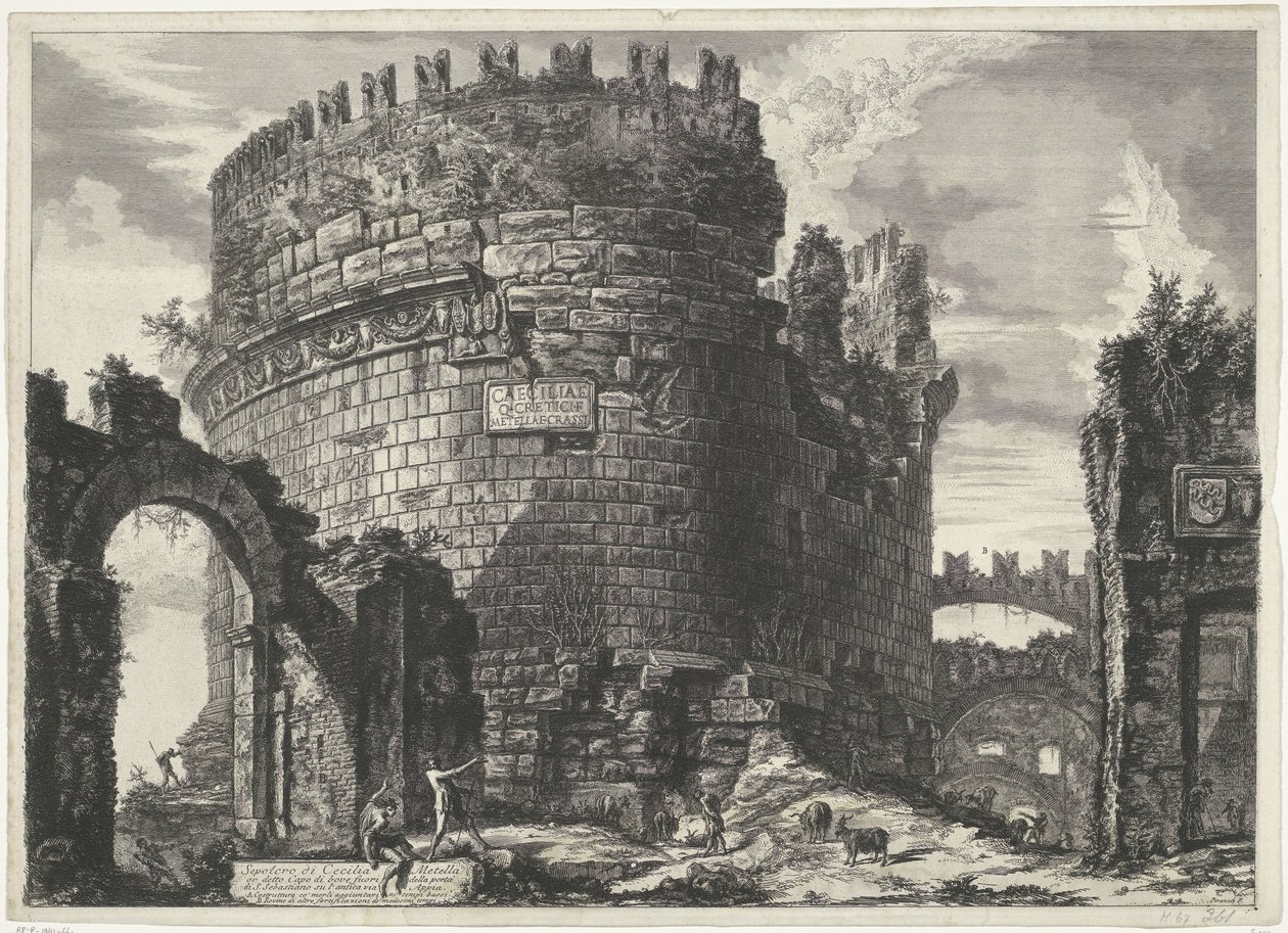 Tombe van Caecilia Metella te Roma Graven til Cecilia Metell (...) (tittel på objekt) Gezichten op Roma (serietittel) Utsikt over Roma designet og gravert av Giambattista Piranesi-arkitekten Ve (nez) iano (serietittel) av Giovanni Battista Piranesi