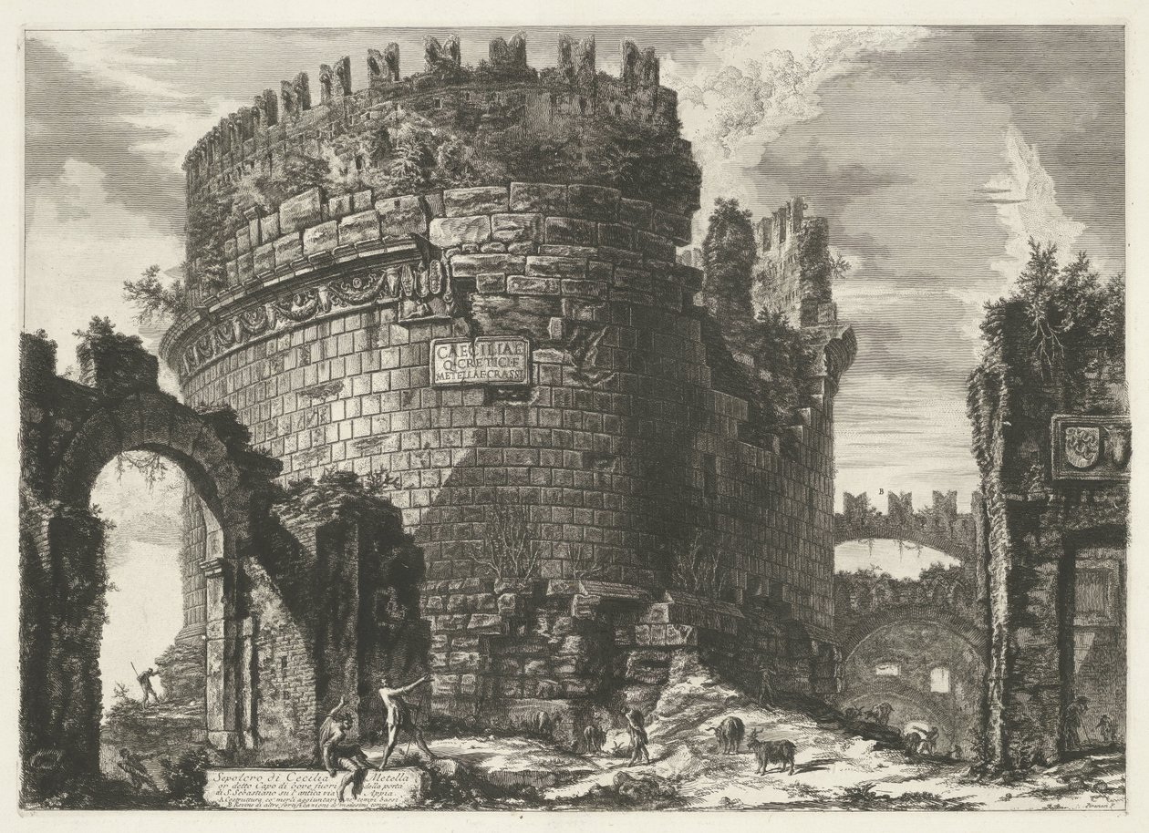 Tombe van Caecilia Metella te Roma Graven til Cecilia Metella (...) (tittel på objekt) Gezichten op Roma (serietittel) Utsikt over Roma tegnet og gravert av Giambattista Piranesi Ve(nez)iano arkitekt (serietittel) av Giovanni Battista Piranesi