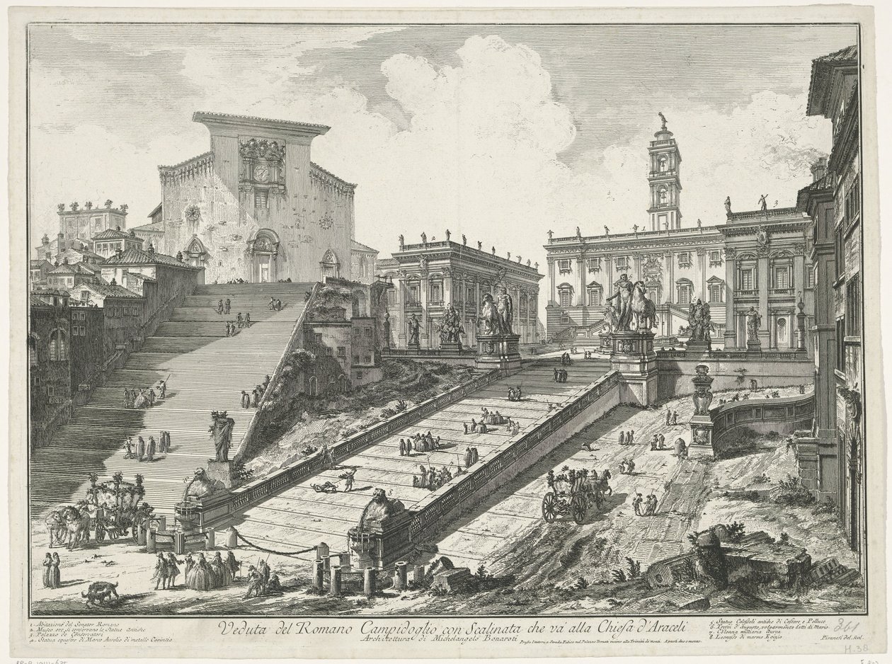 Trappen til Piazza del Campidoglio en de Santa Maria i Aracoeli te Roma Utsikt over den romerske Campidoglio med trapp som fører til Araceli-kirken (tittel på objekt) Gezichten op Roma (serietittel) Utsikt over Roma designet og gravert av Giambattista Pira av Giovanni Battista Piranesi