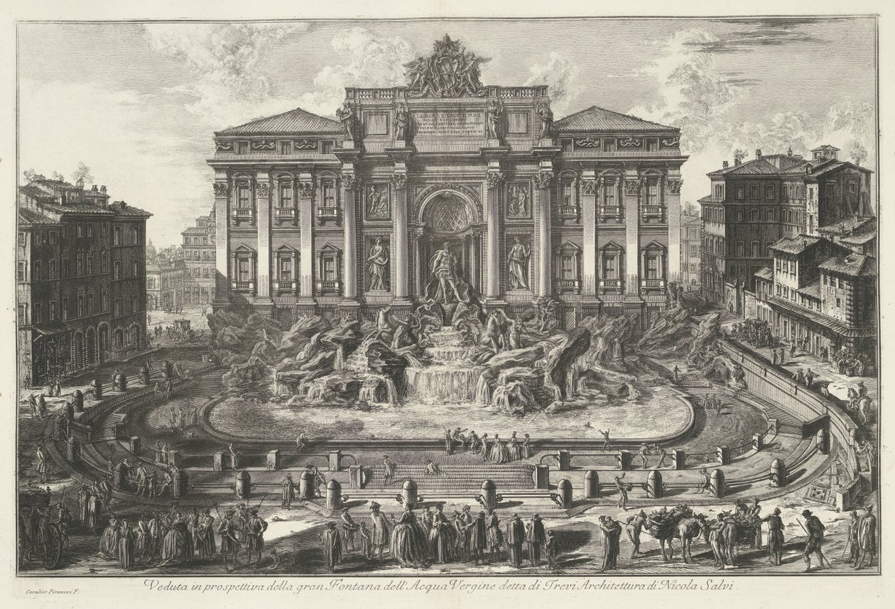 Trevifontein te Rome Perspektivutsikt over den store Fontana dell'Acqua Vergine kjent som di Trevi Architecture av Nicola Salvi (tittel på objekt) Gezichten op Roma (serietittel) Utsikt over Roma tegnet og gravert av Giambattista Piranesi-arkitekten Ve av Giovanni Battista Piranesi
