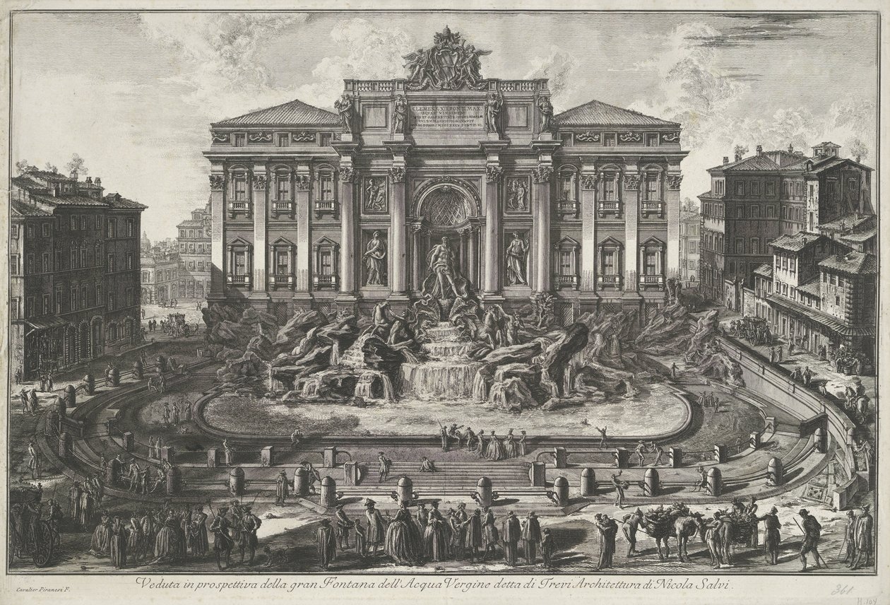 Trevifontein te Rome Perspektivutsikt over den store Fontana dell'Acqua Vergine kjent som di Trevi Architecture av Nicola Salvi (tittel på objekt) Gezichten op Roma (serietittel) Utsikt over Roma tegnet og gravert av Giambattista Piranesi-arkitekten Ve av Giovanni Battista Piranesi