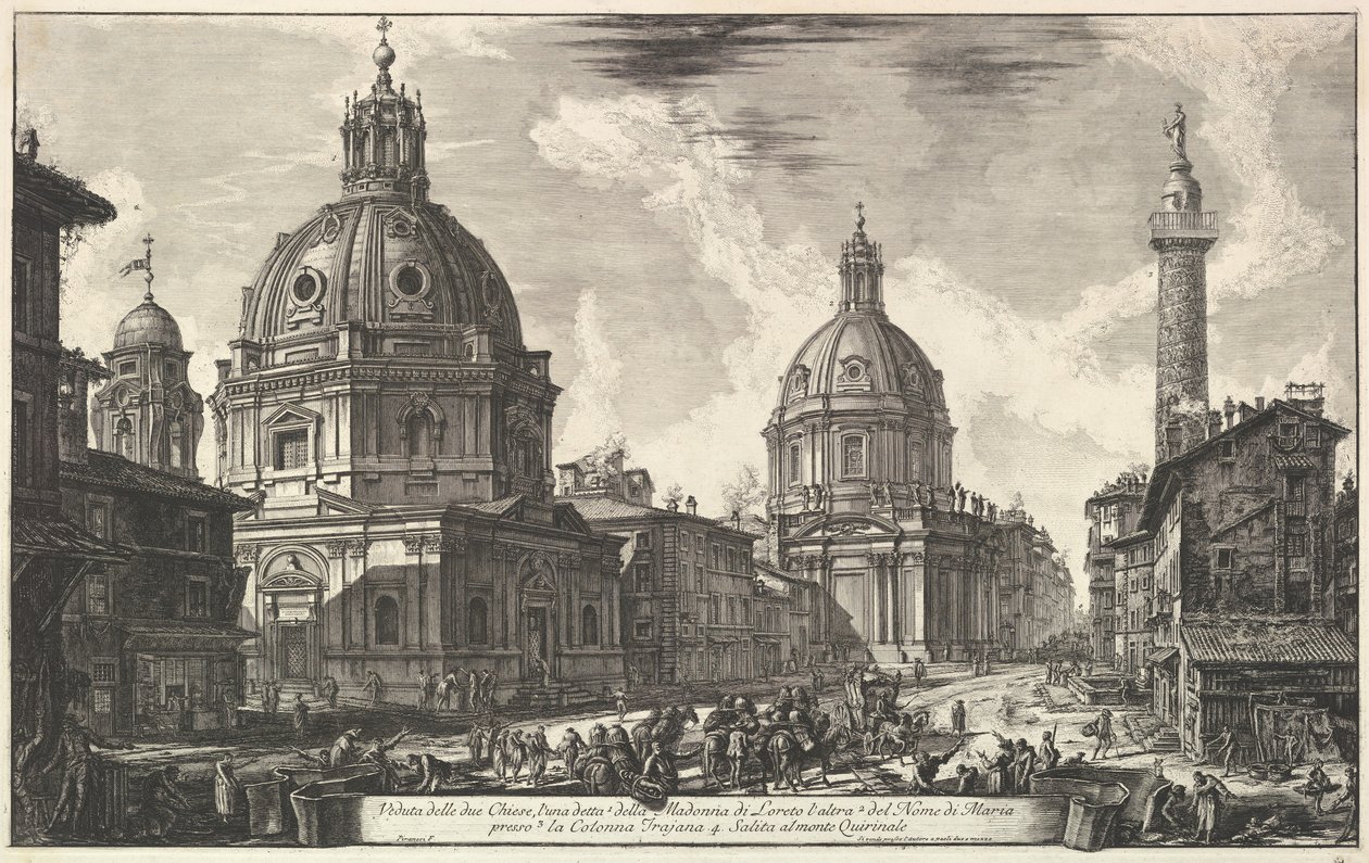 To kirker nær Trajans kolonne, S. Maria di Loreto og Santissimo Nome di Maria Ve ..., ca. 1762. av Giovanni Battista Piranesi