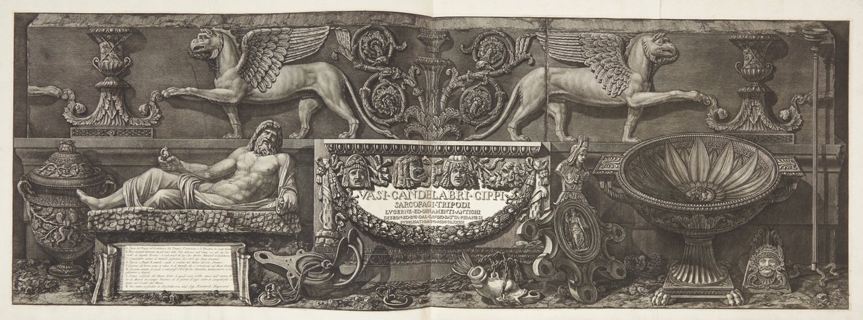 "Vaser, lysestaker, sisterne, sarkofager...", tittelside til vol. Jeg av Giovanni Battista Piranesi