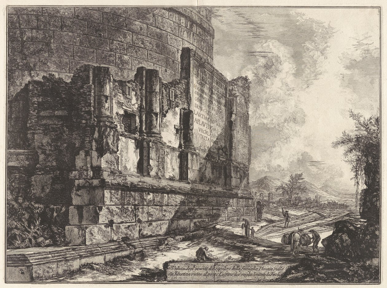 Utsikt over restene av Plautia-familiens gravmonument på Via Tiburtina nær Ponte Lugano, to mil fra Tivoli, fra Vedute di av Giovanni Battista Piranesi