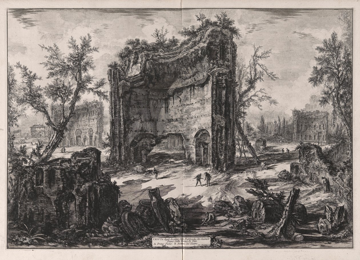 Vista degli Avanzi delle Fabbriche del Secondo Piano delle Terme di Tito (Utsikt over restene av bygningene i andre etasje i Titus-badene), fra Vedute di Roma (Utsikt over Roma) av Giovanni Battista Piranesi