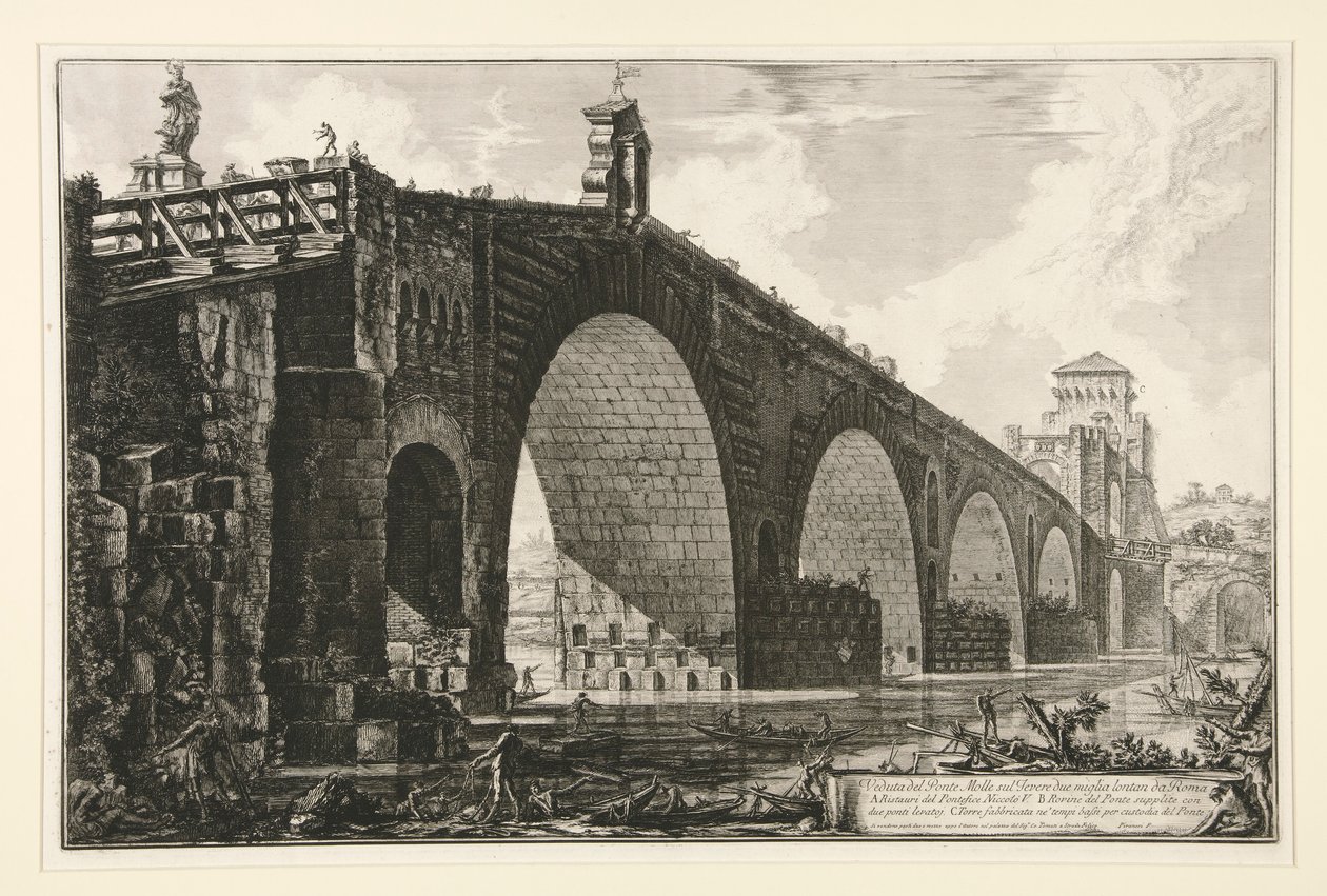 Veduta del Ponte Molle sul Tevere due miglia lontan da Roma (View of the Milvian Bridge over the Tiber two miles outside Rome), from Vedute di Roma   1347802   no       norwegian Successfully Translated  Original: Woman Translat: Woman 1296482 no norwegian av Giovanni Battista Piranesi