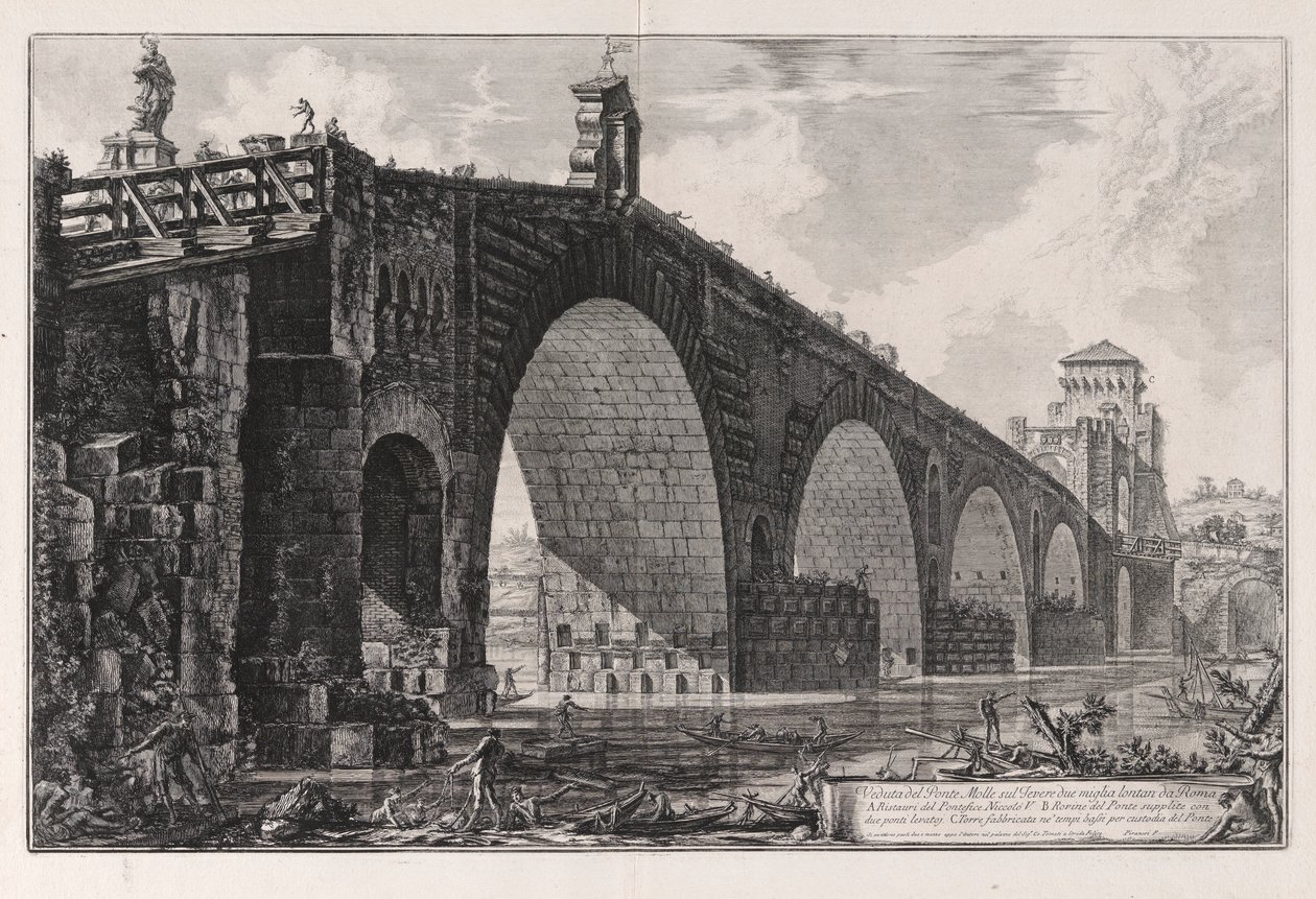 Utsikt over Milvian Bridge Over Tiber Two Miles utenfor Roma, fra Vedute di Roma (Utsikt over Roma) av Giovanni Battista Piranesi