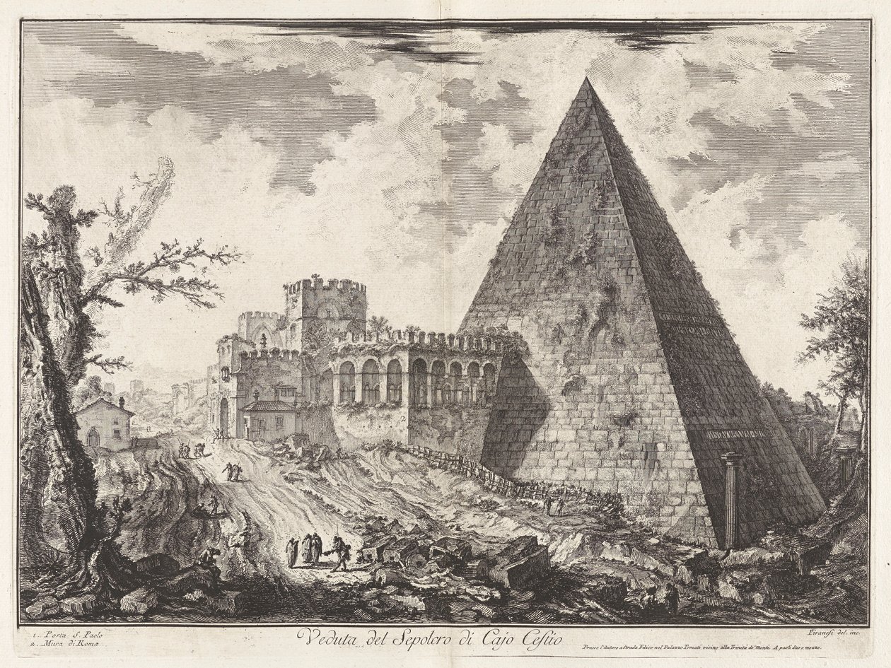 Veduta del Sepolcro di Cajo Cestio (Utsikt over pyramidegraven til Caius Cestius [med Porta S. Paolo til venstre]), fra Vedute di Roma (Utsikt over Roma) av Giovanni Battista Piranesi