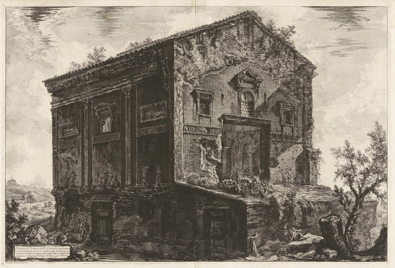 Utsikt over Camene-tempelet i eldgamle tider omgitt av en skog i Egeria-dalen av Giovanni Battista Piranesi