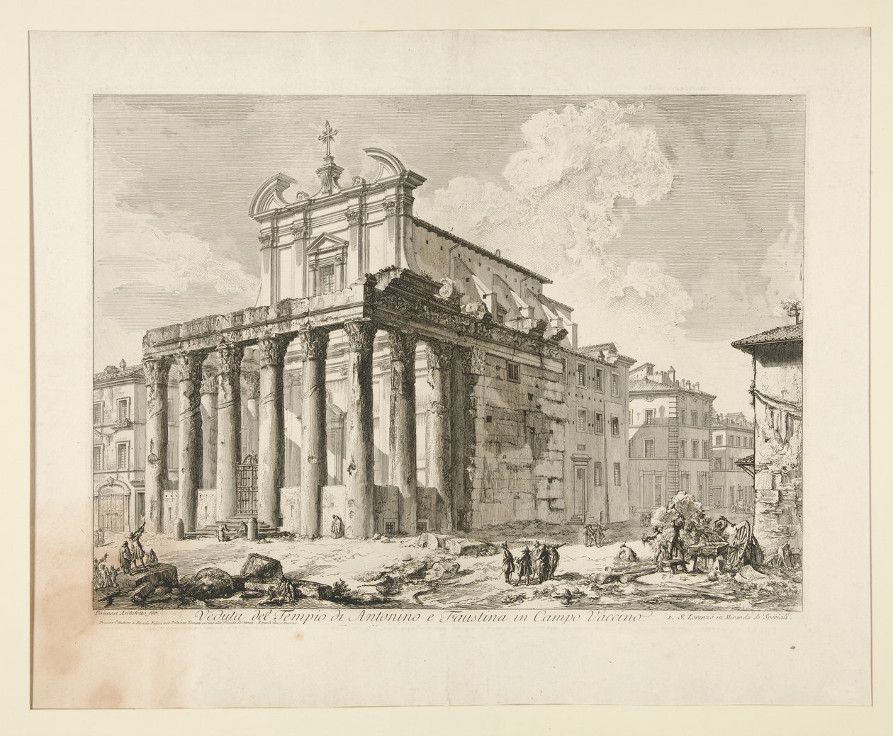 Utsikt over tempelet til Antoninus og Faustina i Campo Vaccino. (Utsikt over tempelet til Antoninus og Faustina i Forum Romanum.), fra Vedute di Roma av Giovanni Battista Piranesi