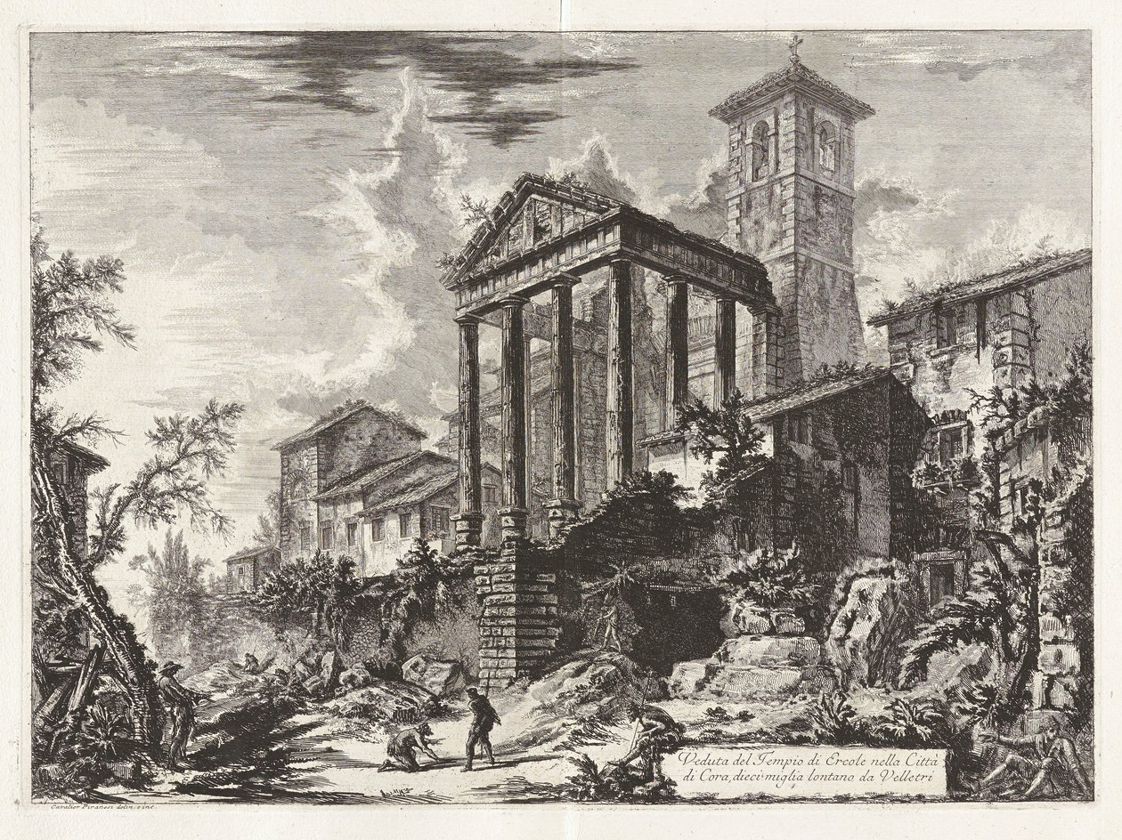 Utsikt over Herkules-tempelet i byen? di Cora, ti mil unna Velletri (Utsikt over Hercules-tempelet ved Cori, ti mil unna Velletri), fra Vedute di Roma (Utsikt over Roma) av Giovanni Battista Piranesi