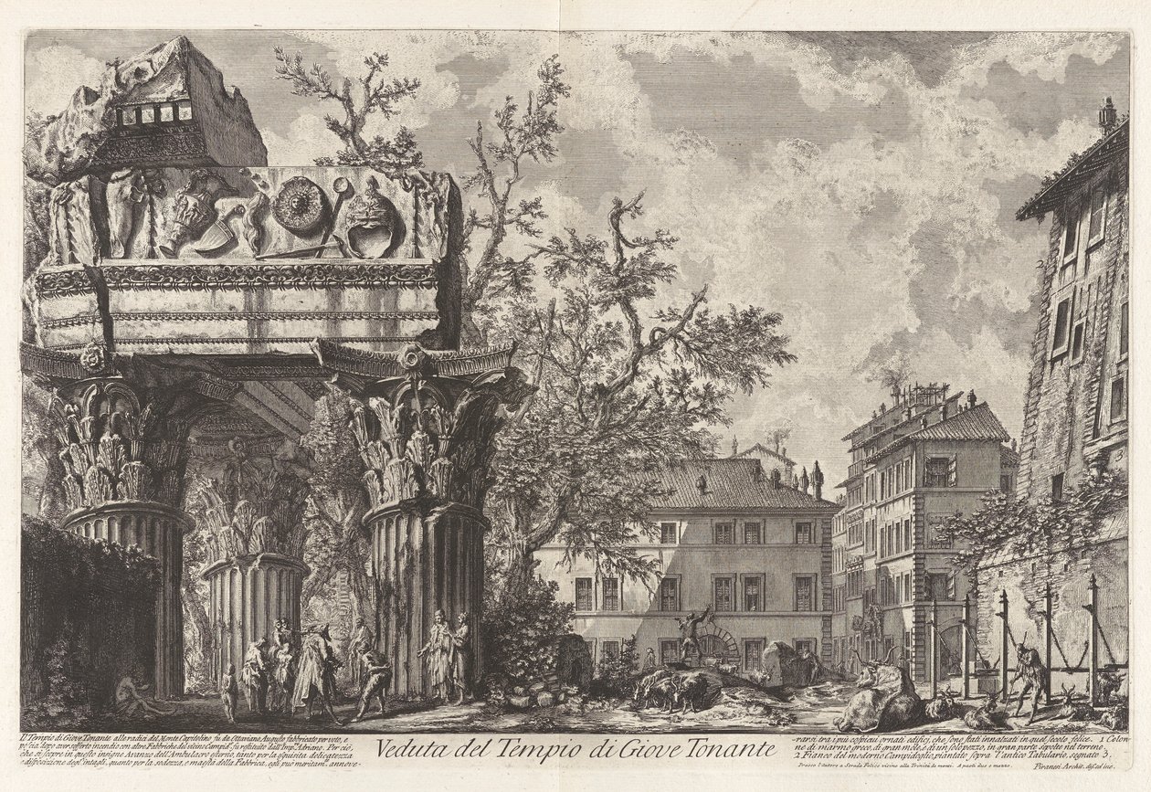 Veduta del Tempio di Giove Tonante (Utsikt over tempelet til Jupiter Tonans [Tordeneren Jupiter; faktisk tempelet til Vespasian og Titus]), fra Vedute di Roma (Utsikt over Roma) av Giovanni Battista Piranesi