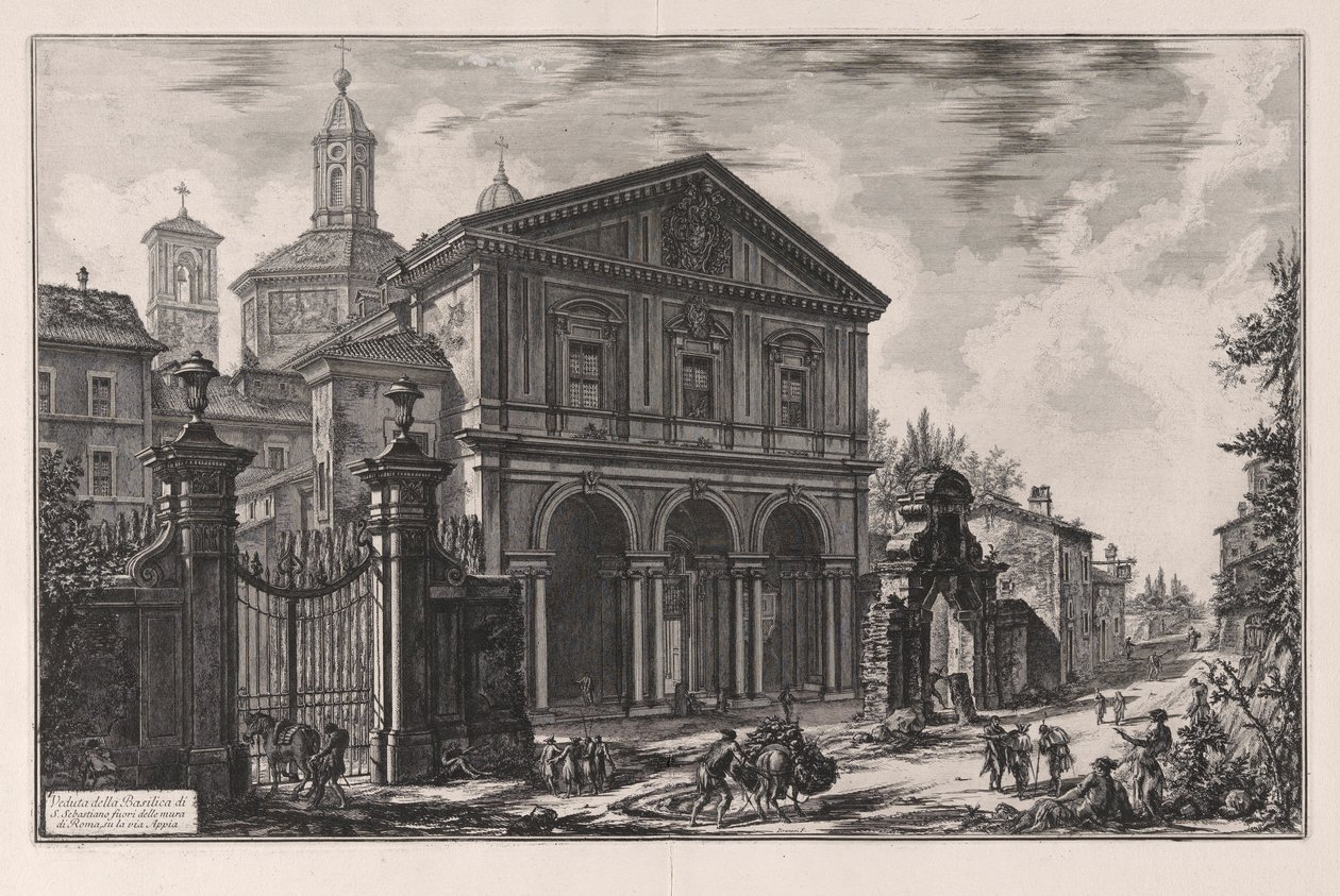 Utsikt over basilikaen San Sebastiano fuori delle Mura i Roma, på Appian Way), fra Vedute di Roma (Utsikt over Roma) av Giovanni Battista Piranesi