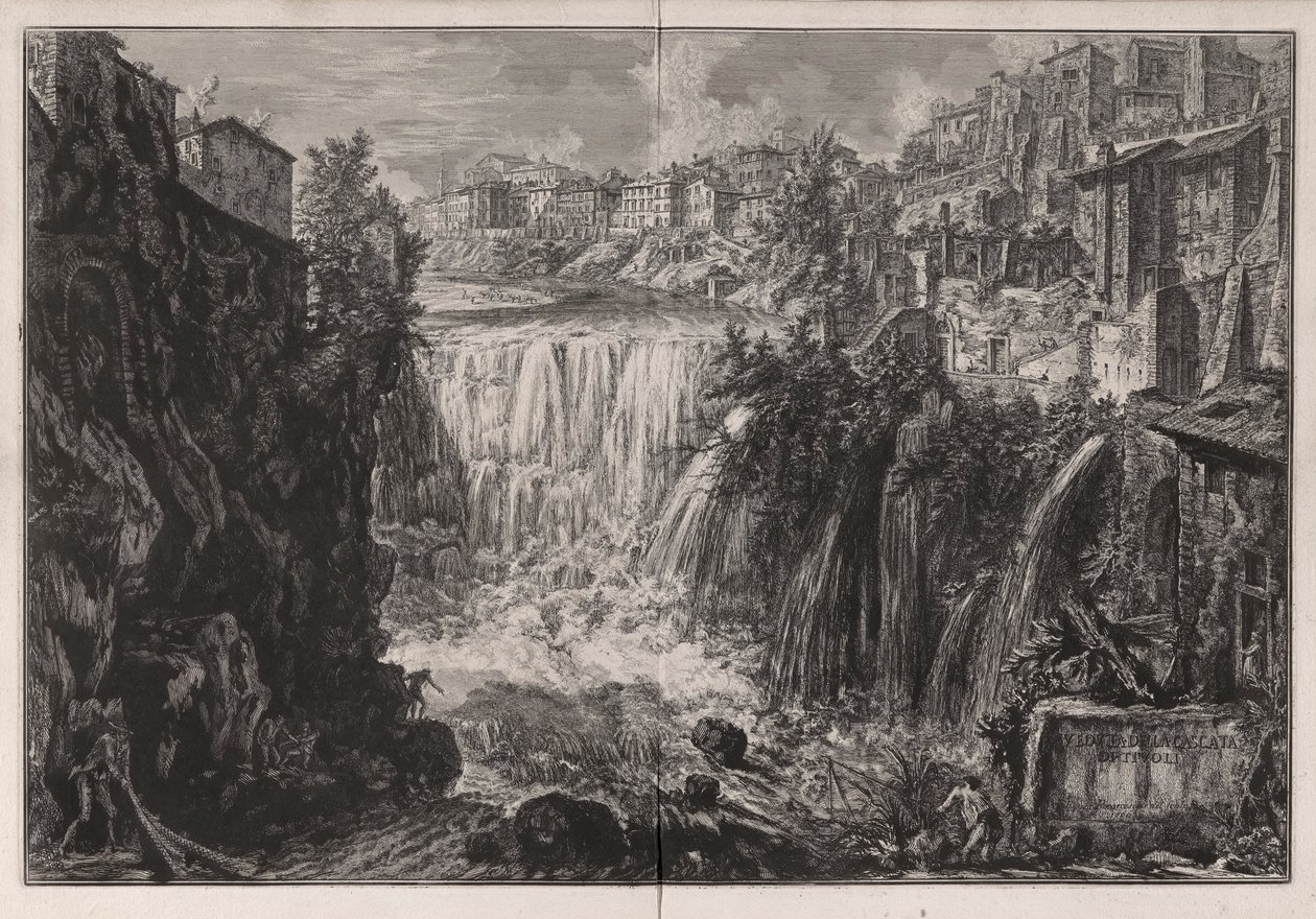 Veduta della Cascata di Tivoli (Utsikt over fossen i Tivoli), fra Vedute di Roma (Utsikt over Roma) av Giovanni Battista Piranesi