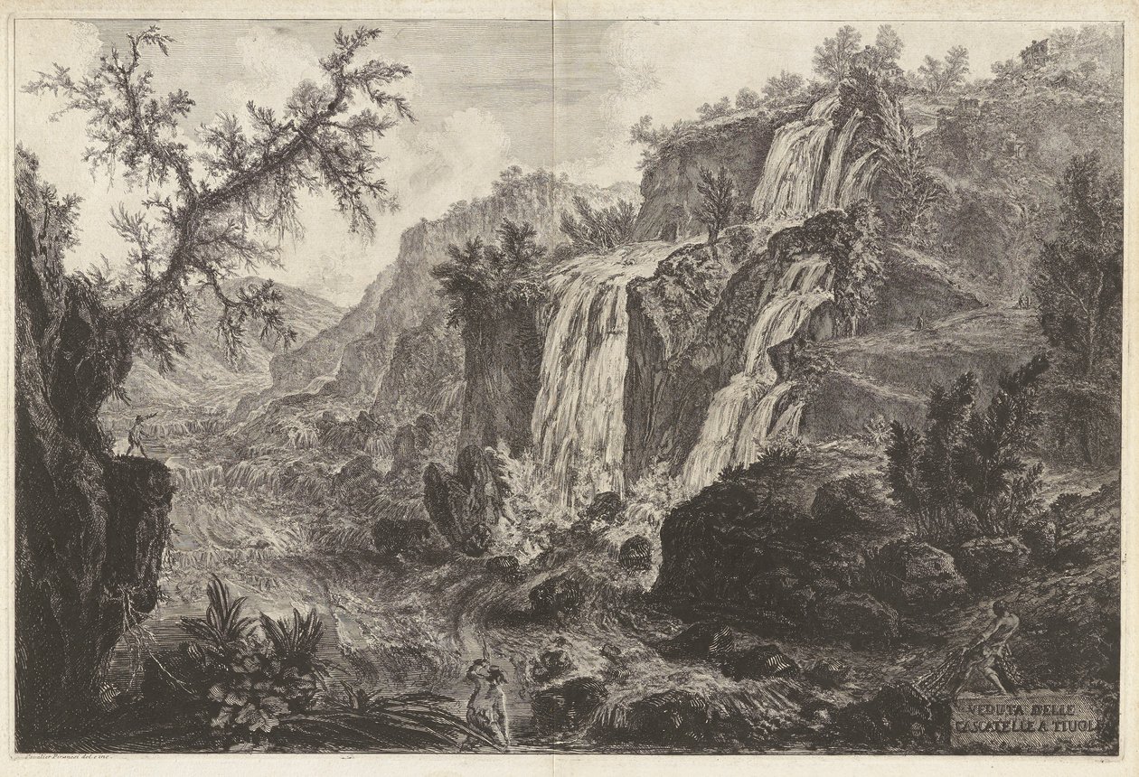 Veduta delle Cascatelle a Tivoli (Utsikt over små fossefall ved Tivoli), fra Vedute di Roma (Utsikt over Roma) av Giovanni Battista Piranesi