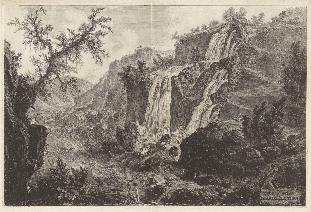 Utsikt over de små fossene i Tivoli, fra Vedute di Roma av Giovanni Battista Piranesi