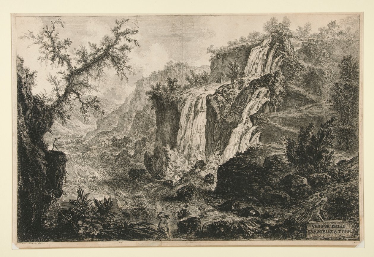 Utsikt over de små fossene ved Tivoli, fra Vedute di Roma av Giovanni Battista Piranesi