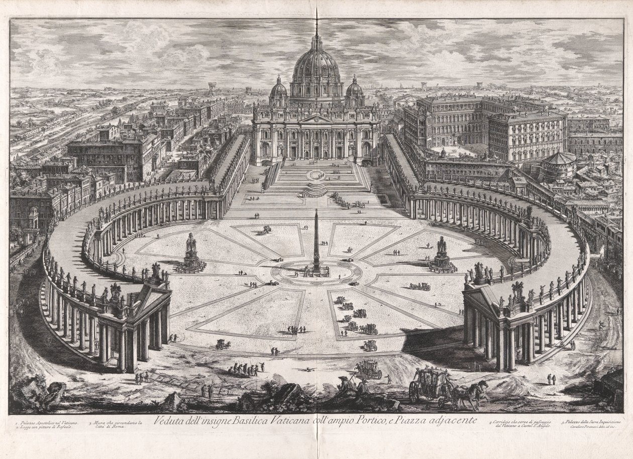 Utsikt over den berømte Peterskirken med dens romslige portiko og tilstøtende plass, fra Vedute di Roma (Utsikter over Roma) av Giovanni Battista Piranesi