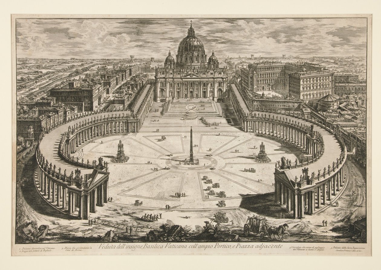 Utsikt over den berømte Vatikanbasilikaen med den store portikken og den tilstøtende plassen, fra Vedute di Roma av Giovanni Battista Piranesi