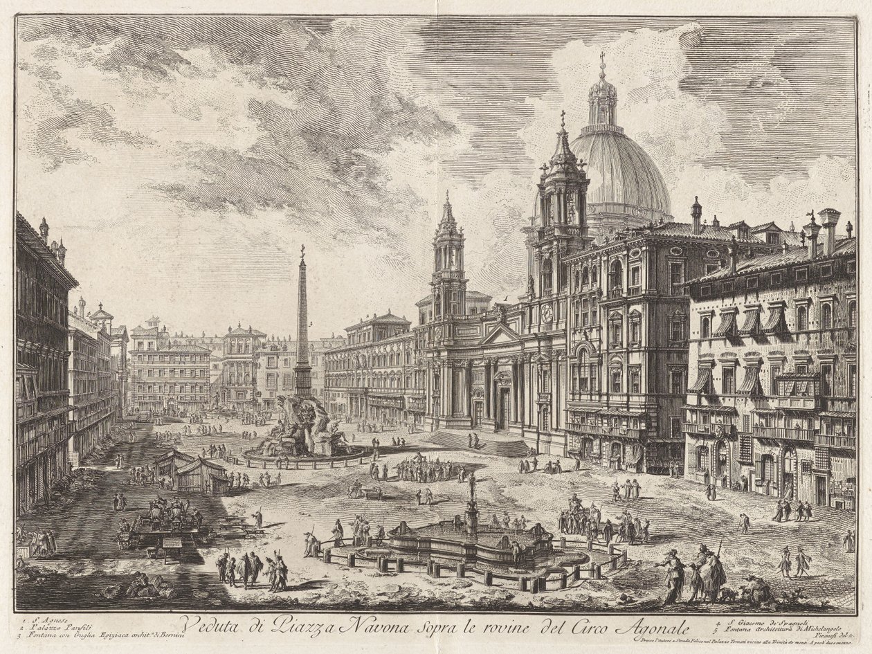 Utsikt over Piazza Navona over ruinene av Circus Agonalis (Utsikt over Piazza Navona over ruinene av Domitians sirkus), fra Vedute di Roma (Utsikter over Roma) av Giovanni Battista Piranesi