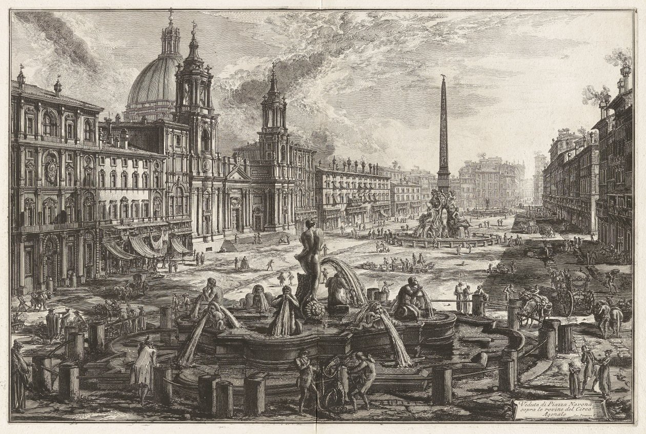Utsikt over Piazza Navona over ruinene av Circus Agonalis [Domitians sirkus], fra Vedute di Roma (Utsikter over Roma) av Giovanni Battista Piranesi