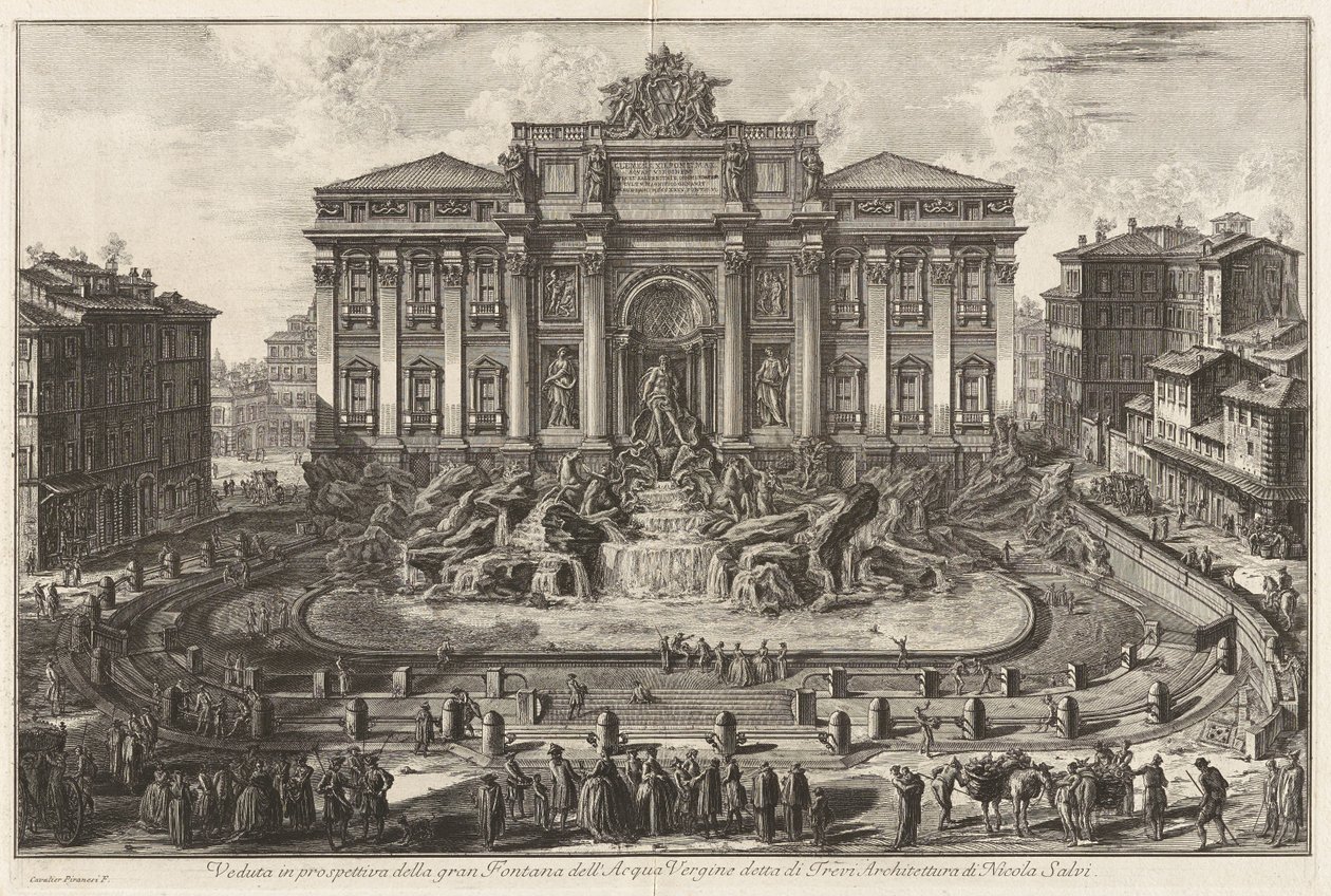 Perspektivisk utsikt over den store fontenen ved Acqua Vergine, kalt Trevi-fontenen, arkitektur av Nicola Salvi, fra Vedute di Roma av Giovanni Battista Piranesi