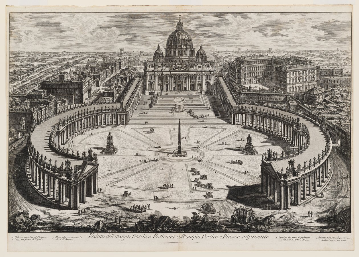 Utsikt over den staselige Vatikanbasilikaen med den store søylegangen og den tilstøtende plassen, tavle 120 fra Utsikter over Roma av Giovanni Battista Piranesi