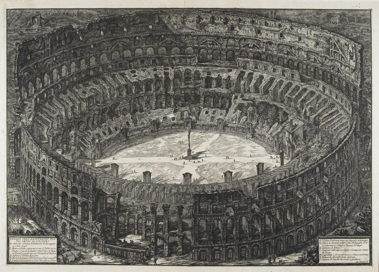 Utsikt over det flaviske amfiteateret, kalt Colosseum, fra "Views of Roma" av Giovanni Battista Piranesi