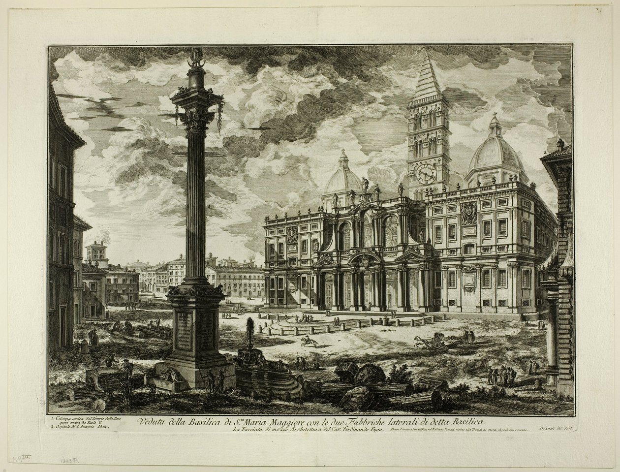 Utsikt over basilikaen S. Maria Maggiore med sine to flankerende vinger, fra utsikt over Roma av Giovanni Battista Piranesi