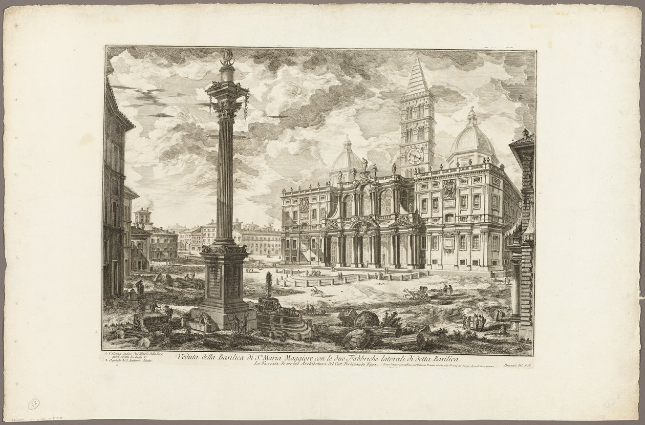 Utsikt over basilikaen S. Maria Maggiore med sine to flankerende vinger, fra utsikt over Roma av Giovanni Battista Piranesi
