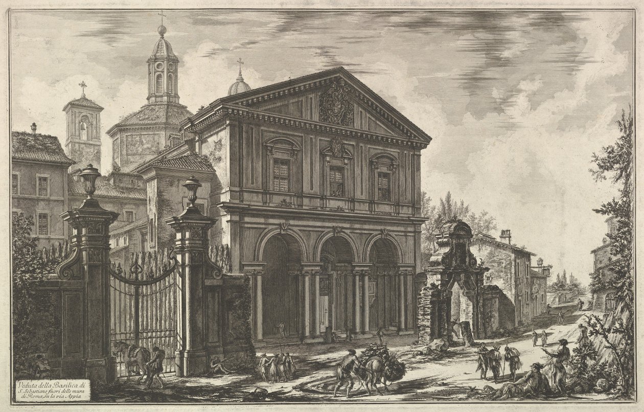 Utsikt over basilikaen San Sebastiano fuori delle mura [Sankt Sebastian utenfor murene] ved Via Appia, fra Vedute di Roma (Romerske utsikter) av Giovanni Battista Piranesi