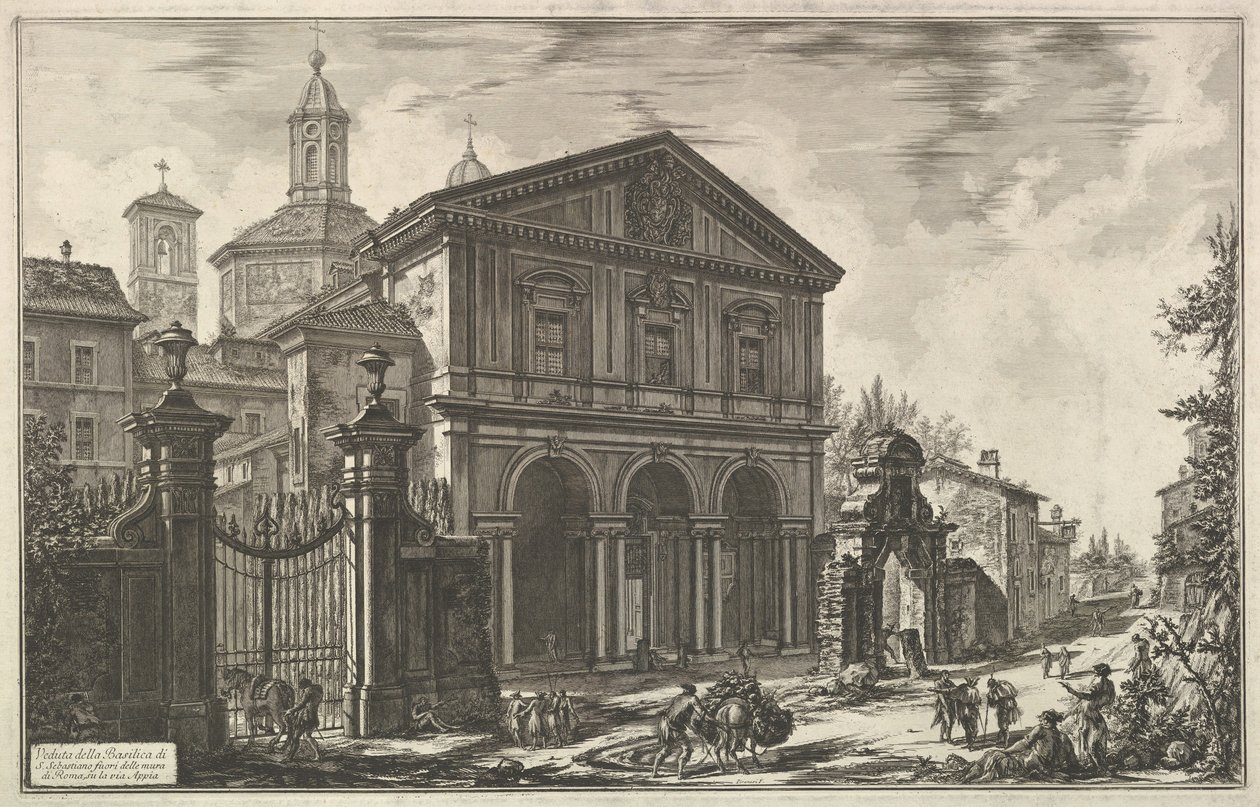 Utsikt over basilikaen San Sebastiano utenfor murene [St. Sebastian utenfor muren ..., ca. 1750. av Giovanni Battista Piranesi