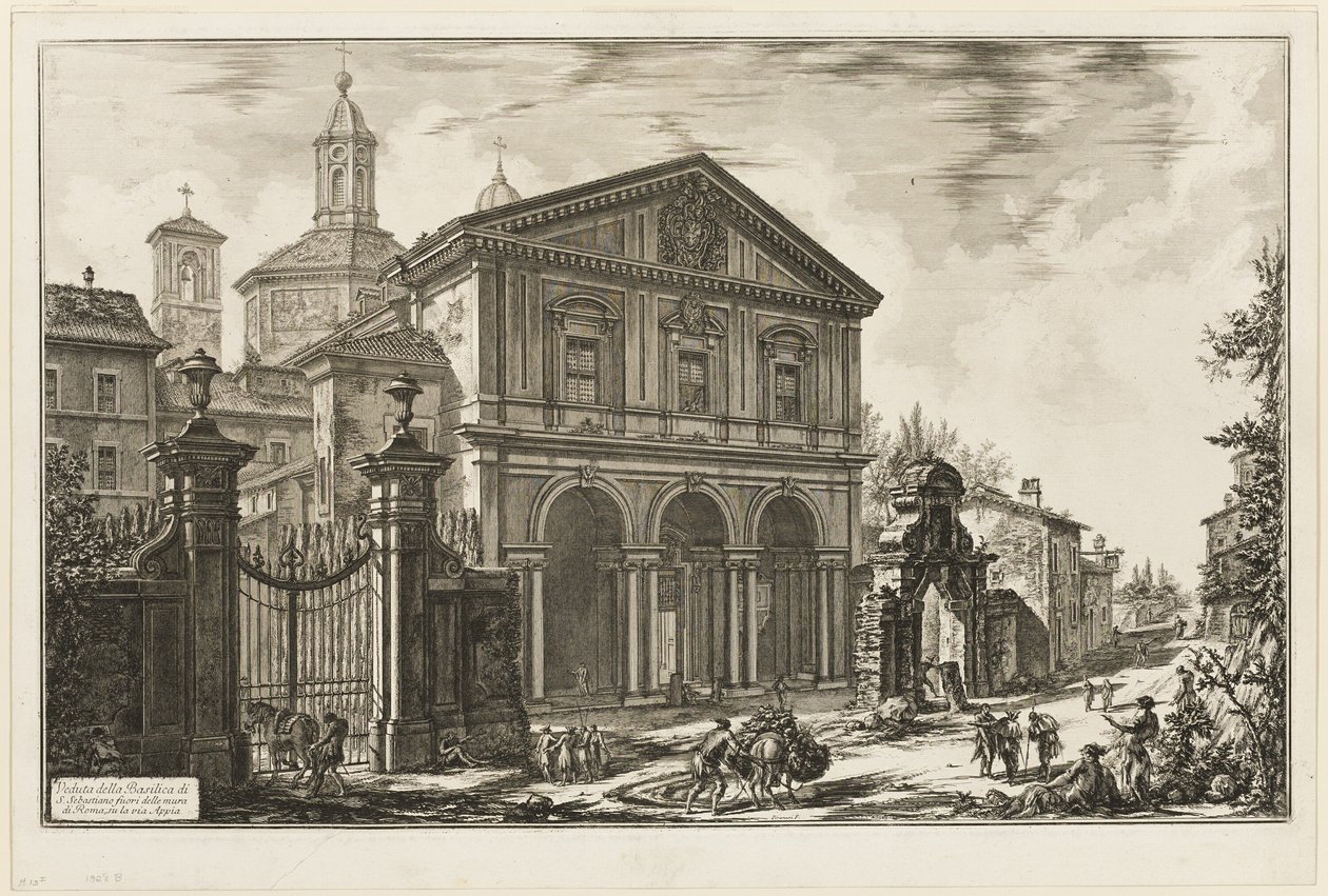 Utsikt over basilikaen San Sebastiano fuori delle mura [St. Sebastian utenfor murene] på Appian Way, fra utsikt over Roma av Giovanni Battista Piranesi
