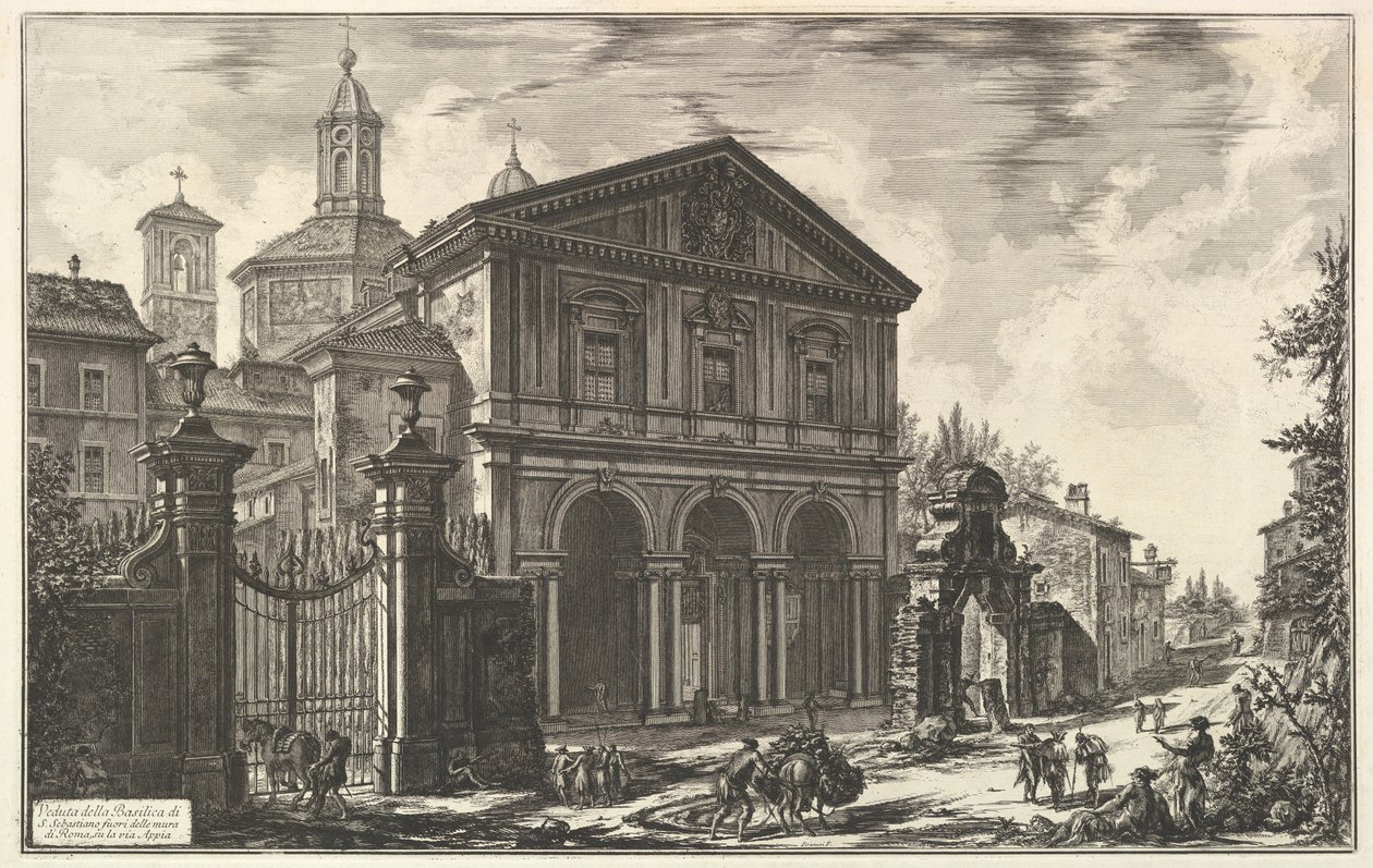 Utsikt over basilikaen San Sebastiano fuori delle mura [Sankt Sebastian utenfor murene] ved Via Appia, fra Vedute di Roma (Romerske utsikter) av Giovanni Battista Piranesi