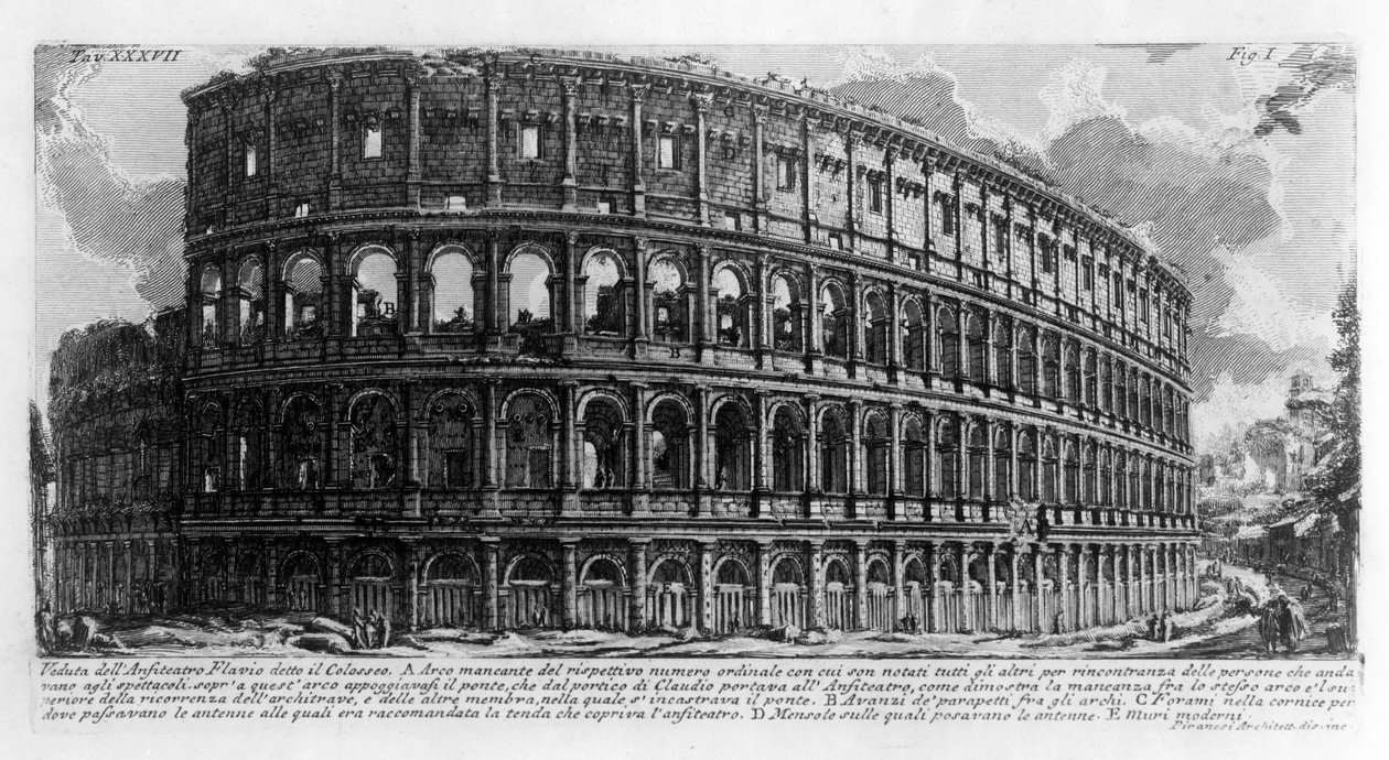 Utsikt over Colisee (Colesseo) i Roma. Tegning av Giovanni Piranesi (kjent som Piranese) (1720-1778). 1756 av Giovanni Battista Piranesi