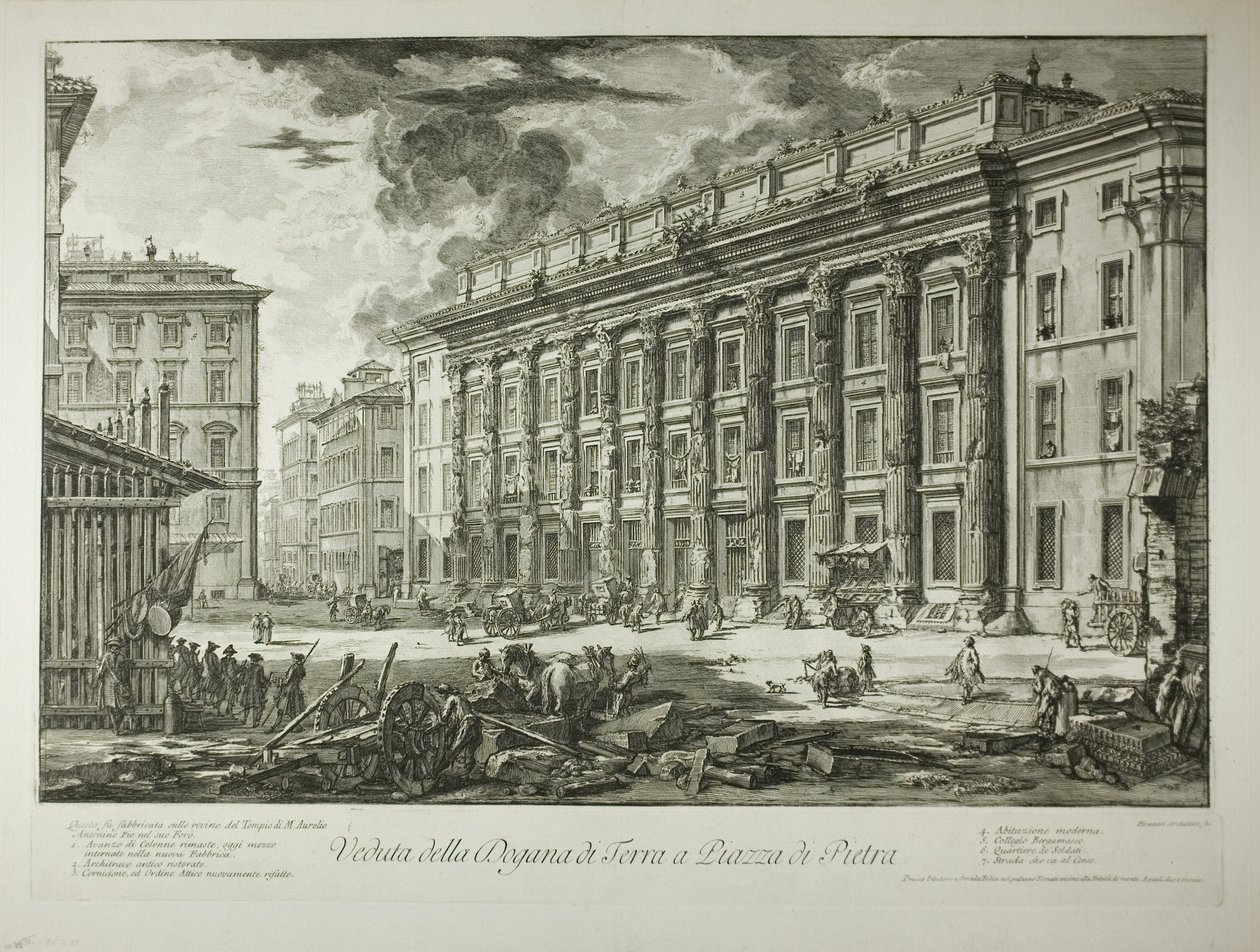 Utsikt over tollboden på Piazza di Pietra, som ble bygget i ruinene av tempelet til Marcus Aurelius Antoninus Pius i hans Forum, fra Utsikt over Roma av Giovanni-Battista Piranesi