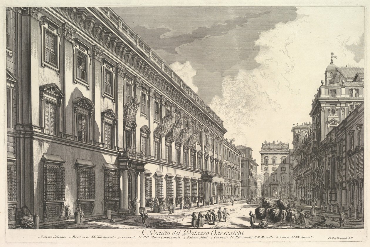 Utsikt over Palazzo Odeschali, fra utsikt over Roma romersk utsikt, ca. 1753. av Giovanni Battista Piranesi