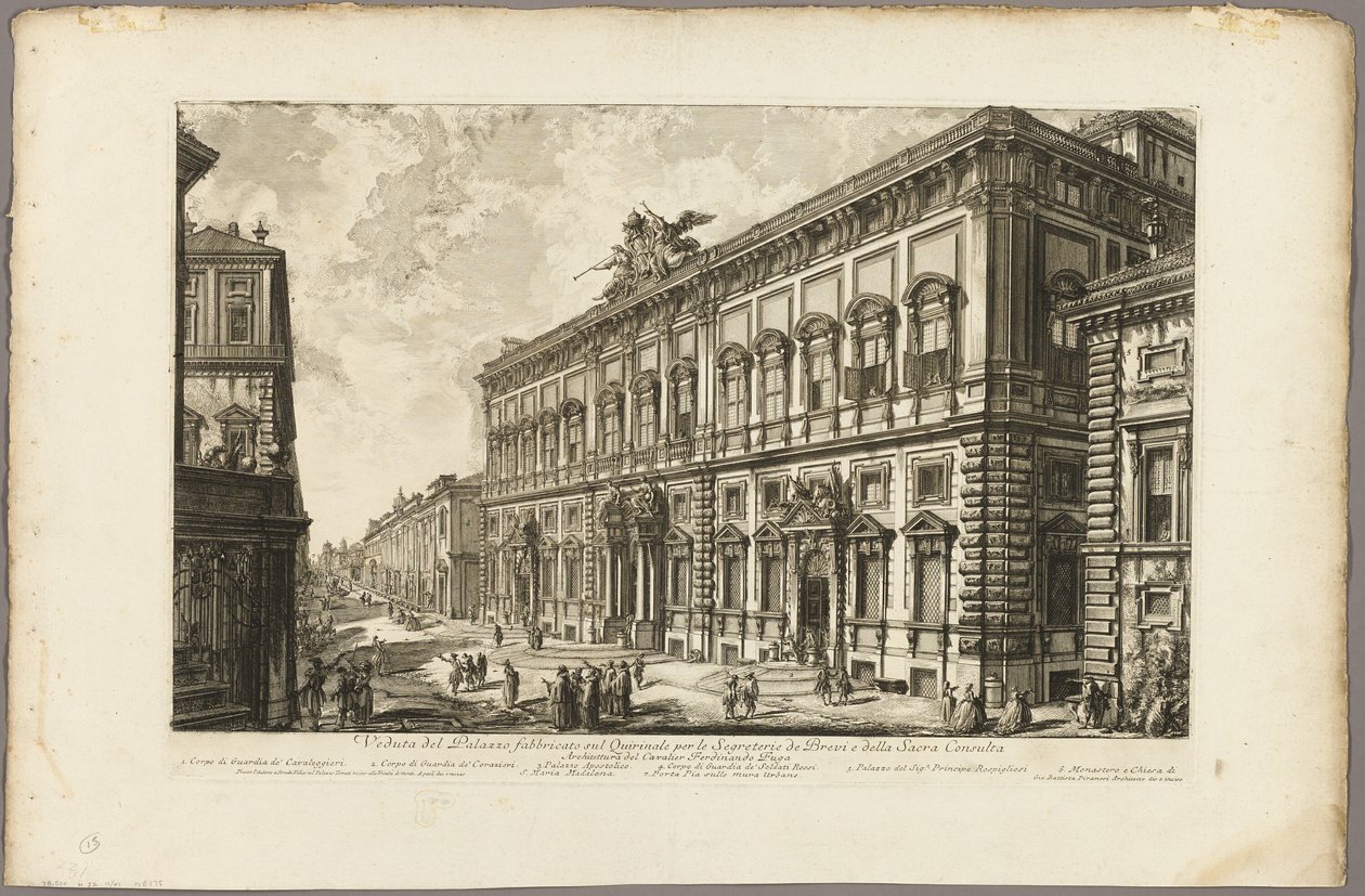 Utsikt over Palazzo della Consulta på Quirinal som huser det pavelige sekretariat, fra utsikt over Roma av Giovanni Battista Piranesi