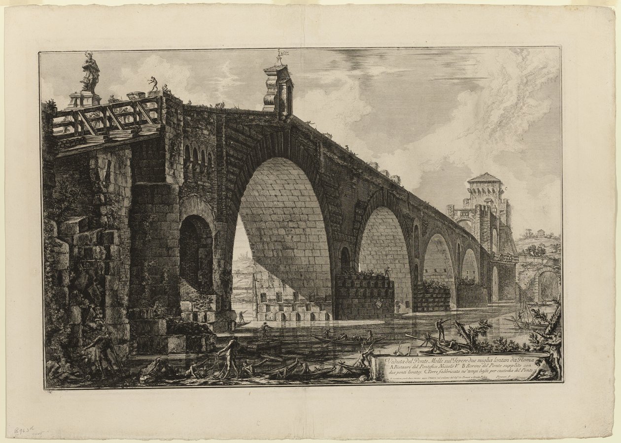 Utsikt over Ponte Molle [eller Milvian Bridge] over Tiberen to mil utenfor Roma, fra utsikt over Roma av Giovanni Battista Piranesi